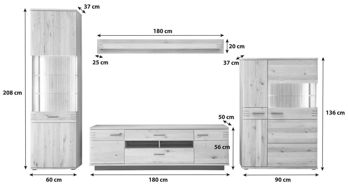 WOHNWAND  in Eichefarben 350/208/50 cm  - Eichefarben/Anthrazit, Design, Glas/Holz (350/208/50cm) - Livetastic