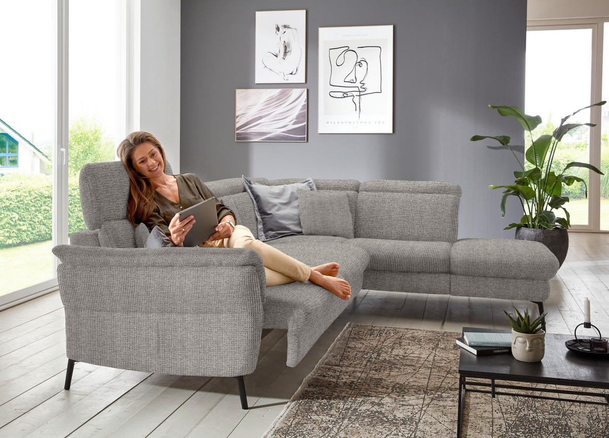 ECKSOFA in Struktur Hellgrau  275/235 cm  - Hellgrau/Schwarz, MODERN, Textil/Metall (275/235cm) - Cantus