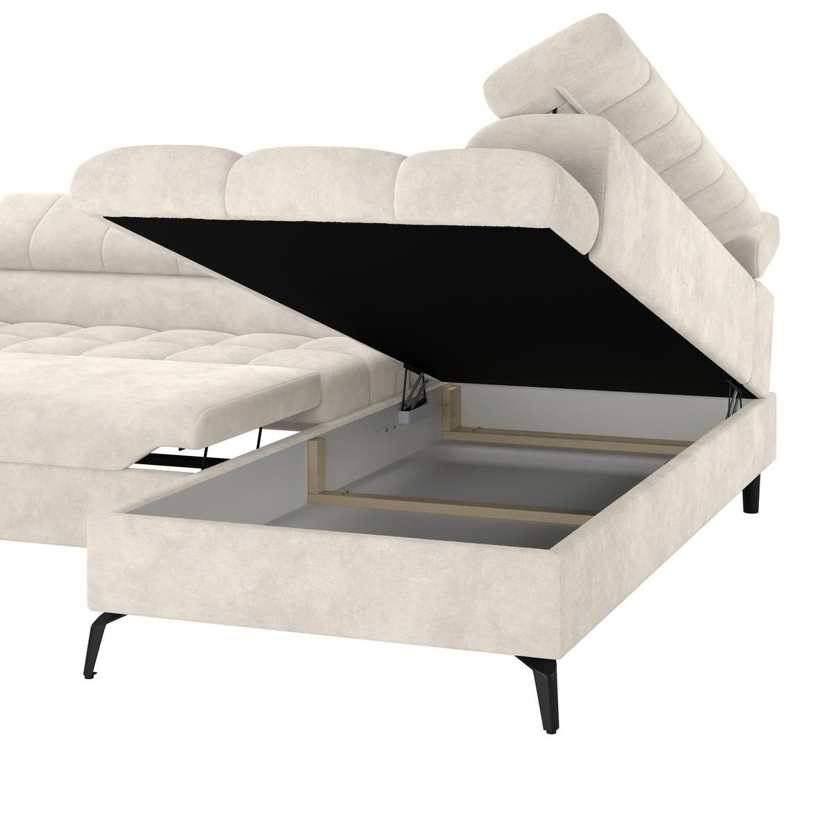 ECKSOFA Creme Bettkasten, Rücken echt, Kopfteilverstellung  - Creme/Schwarz, Trend, Kunststoff/Textil (261/203cm) - Livetastic