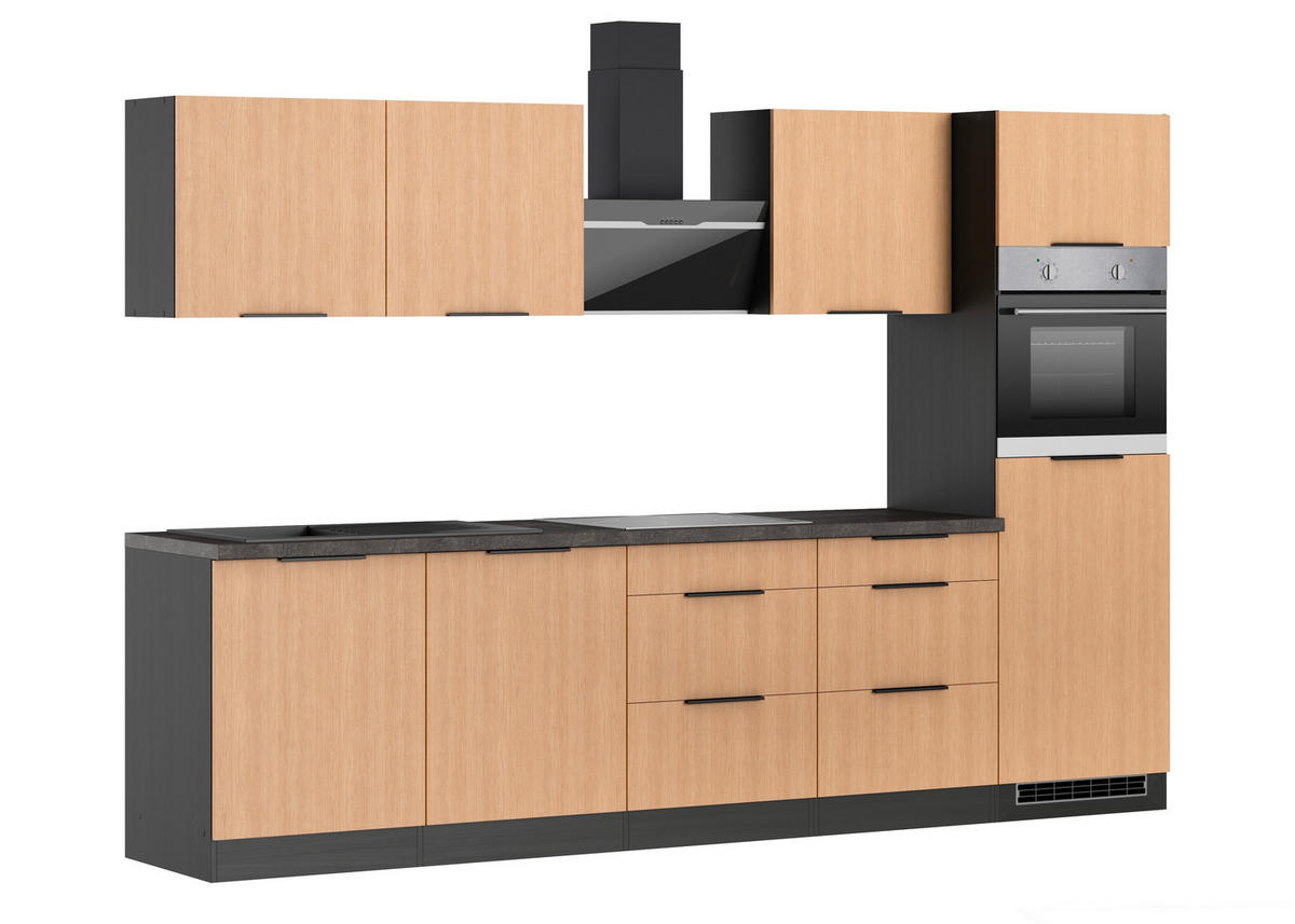 KÜCHENBLOCK 300 cm   in Graphitfarben, Eichefarben  - Eichefarben/Schwarz, Lifestyle, Holzwerkstoff/Metall (300cm) - Held