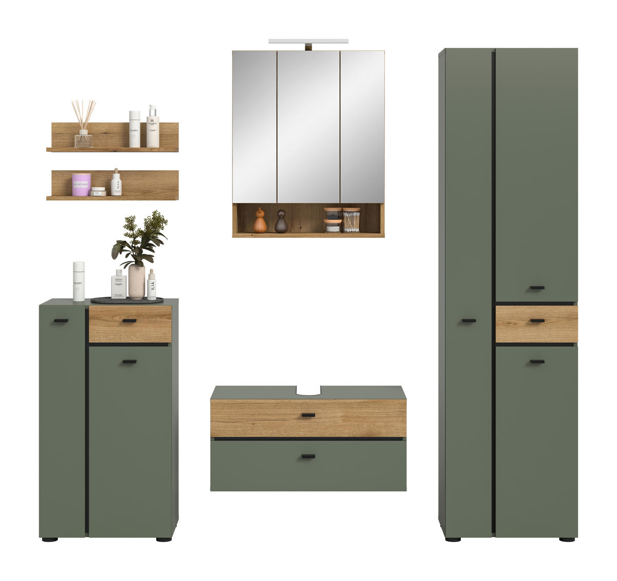 BADEZIMMER 5-teilig  in 177 cm  - Eichefarben/Schwarz, Trend, Glas/Holzwerkstoff (177cm) - MID.YOU