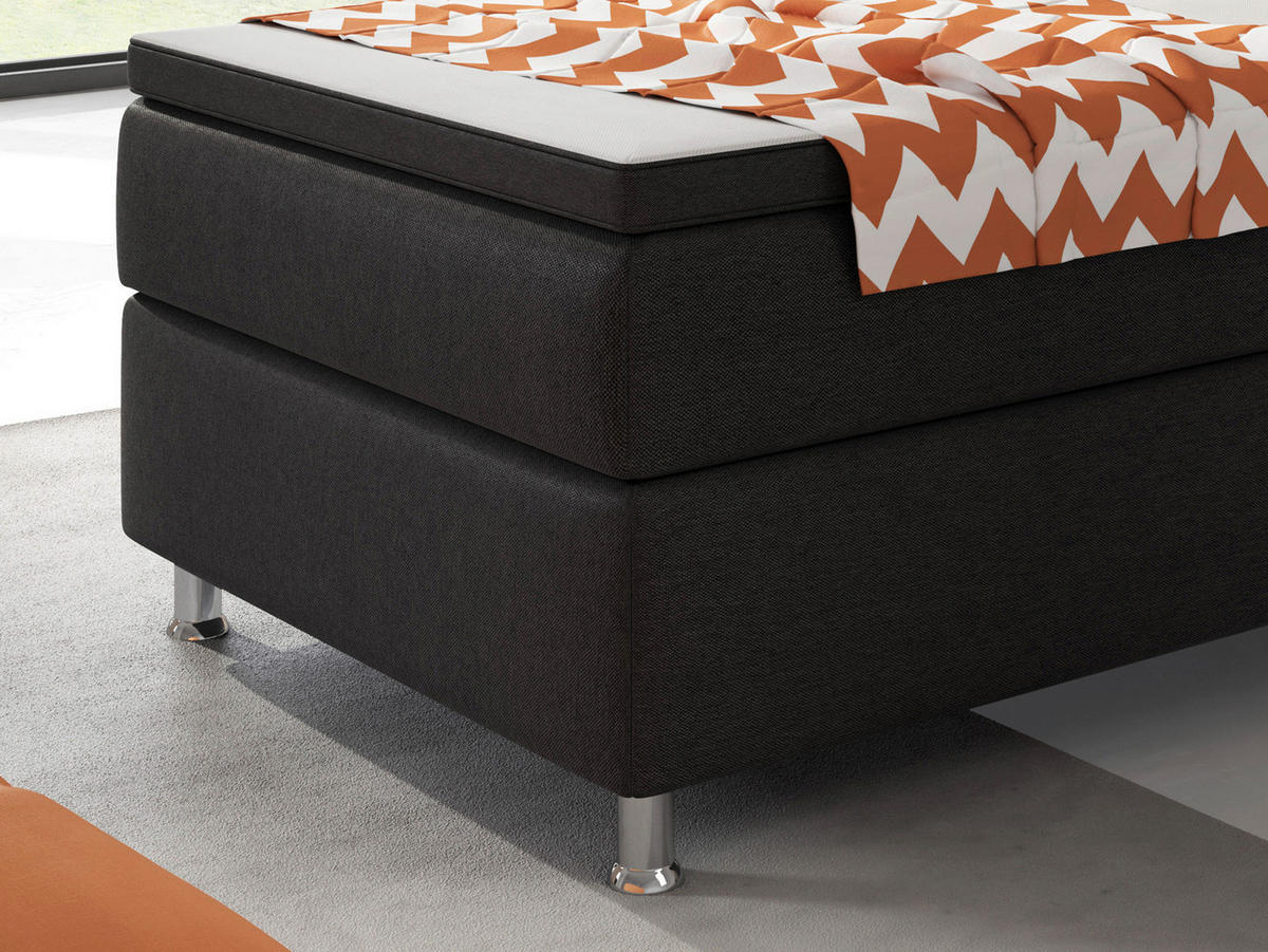 BOXSPRINGBETT 90/200 cm,  in Schwarz, Matratze, gepolstertes Kopfteil, Topper, H3 = fest  - Silberfarben/Schwarz, KONVENTIONELL, Textil/Metall (90/200cm) - MID.YOU