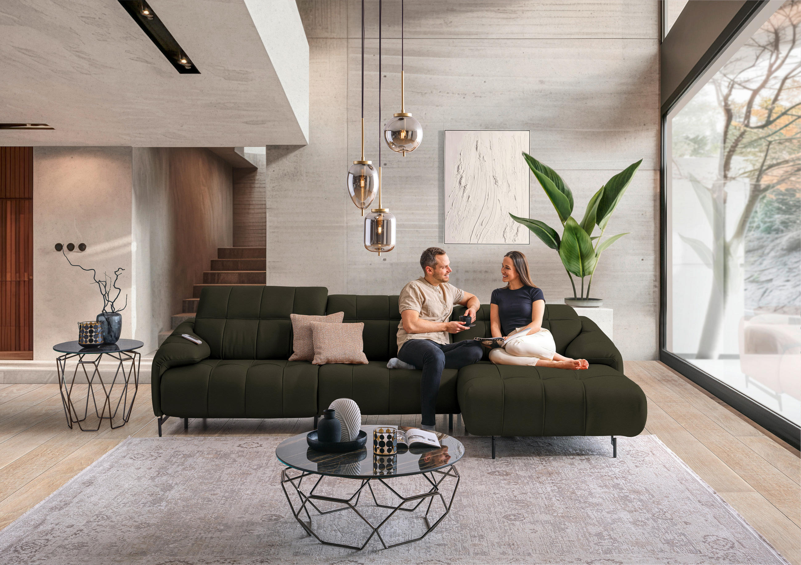 ECKSOFA in Echtleder Olivgrün  313/165 cm  - Beige/Schwarz, Design, Leder/Metall (313/165cm) - Belluti