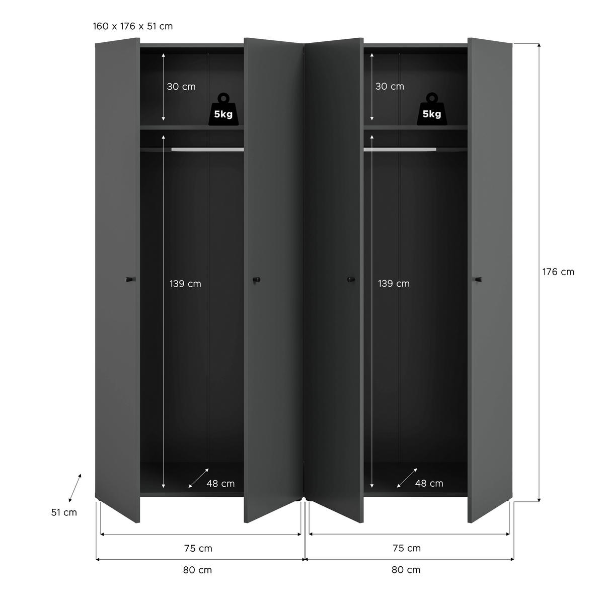 DREHTÜRENSCHRANK 160/176/51 cm,  in Anthrazit, 4-türig  - Anthrazit/Schwarz, MODERN, Holzwerkstoff/Kunststoff (160/176/51cm) - MID.YOU