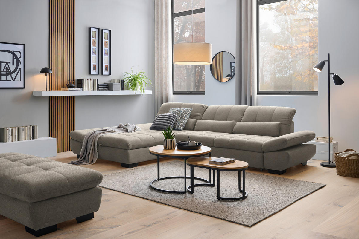 ECKSOFA  in Flachgewebe Greige  204/341 cm  - Greige/Schwarz, Design, Textil/Metall (204/341cm) - Xora