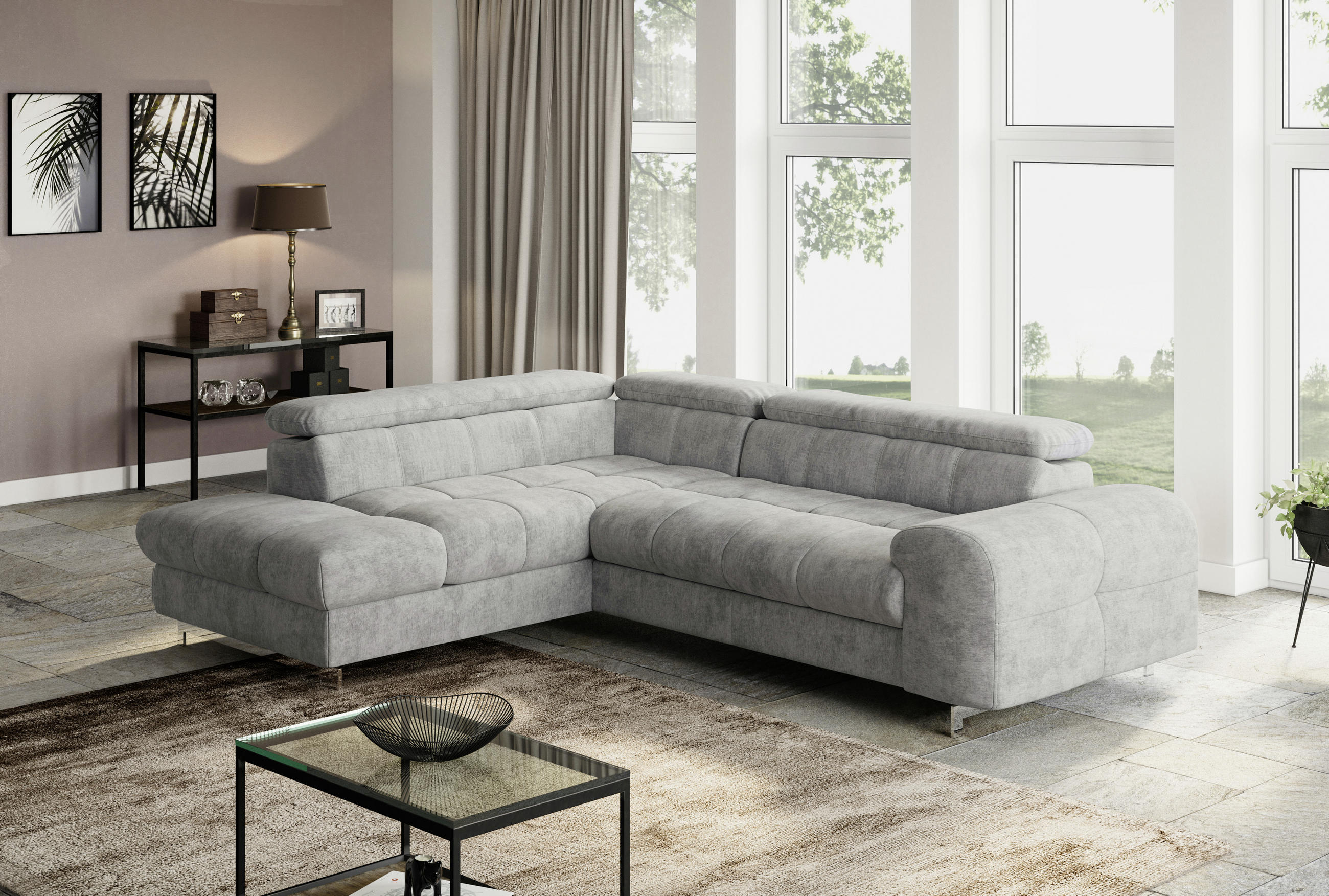 ECKSOFA Hellgrau Mikrofaser  - Chromfarben/Hellgrau, KONVENTIONELL, Textil/Metall (206/257cm) - Livetastic