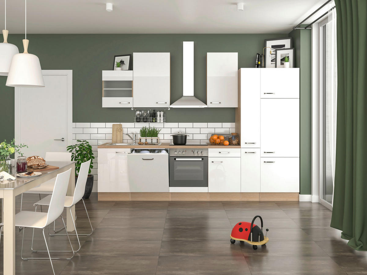 KÜCHENBLOCK 310 cm   in Sonoma Eiche, Weiß Hochglanz  - Edelstahlfarben/Weiß Hochglanz, MODERN, Holzwerkstoff/Metall (310cm) - FlexWell