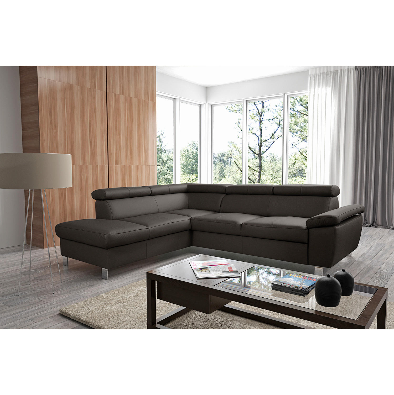 ECKSOFA Dunkelbraun Echtleder  - Chromfarben/Dunkelbraun, Design, Leder/Textil (208/248cm) - Livetastic