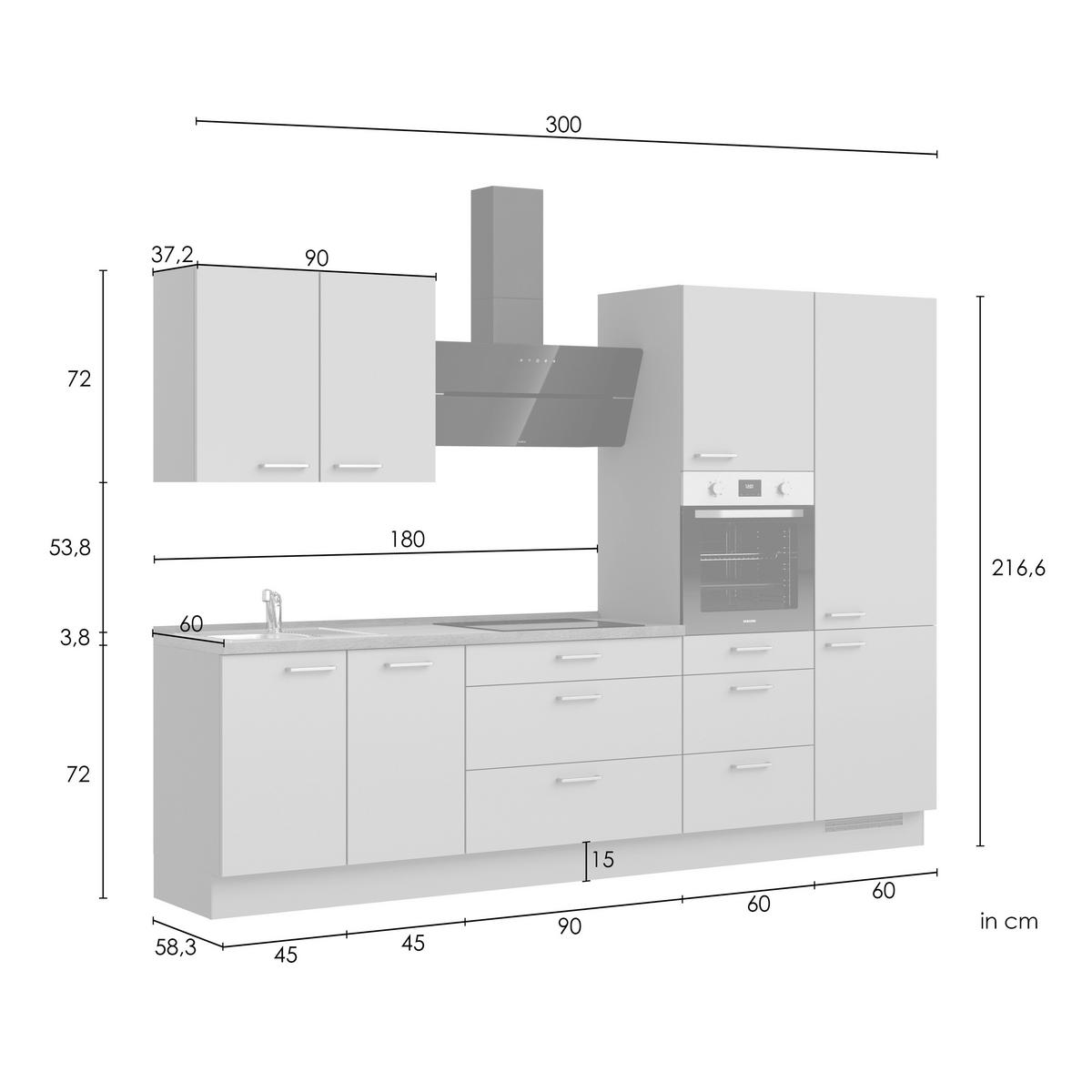 KÜCHENBLOCK Frame 300 cm  in Eichefarben, Blaugrau  - Edelstahlfarben/Eichefarben, MODERN, Holzwerkstoff/Metall (300cm) - Nobilia