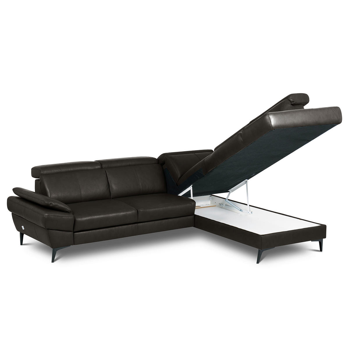 ECKSOFA Dunkelbraun Echtleder Lederlook Bettkasten, Schlaffunktion, Rücken echt, Armteilverstellung, Kopfteilverstellung  - Dunkelbraun/Schwarz, Design, Leder/Textil (264/211cm) - Livetastic