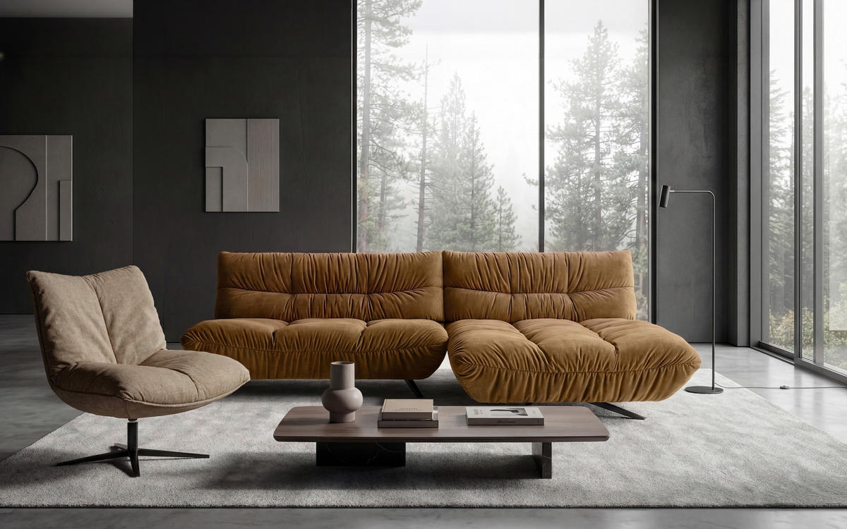 ECKSOFA Beigebraun Chenille Rücken echt, Sitztiefenverstellung  - Beigebraun/Schwarz, Design, Textil/Metall (295/178cm) - Belluti