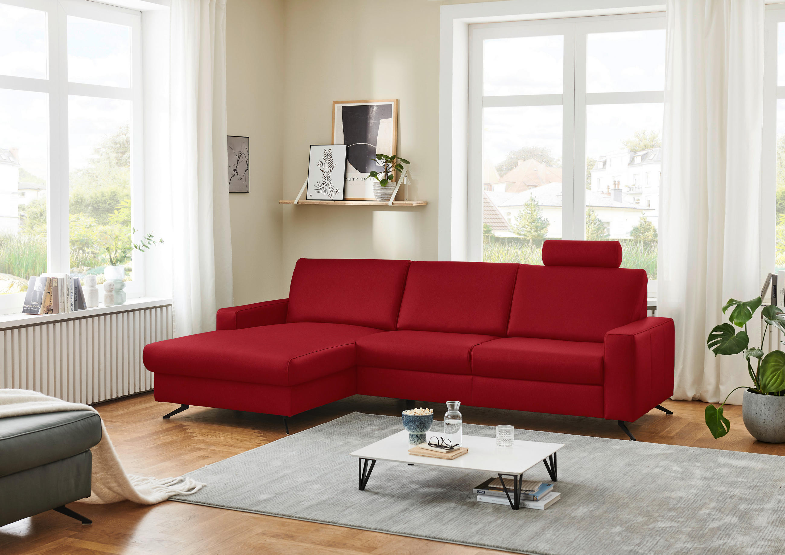 ECKSOFA in Echtleder Rot  - Rot/Schwarz, Design, Leder/Metall (165/267cm) - Beldomo Premium
