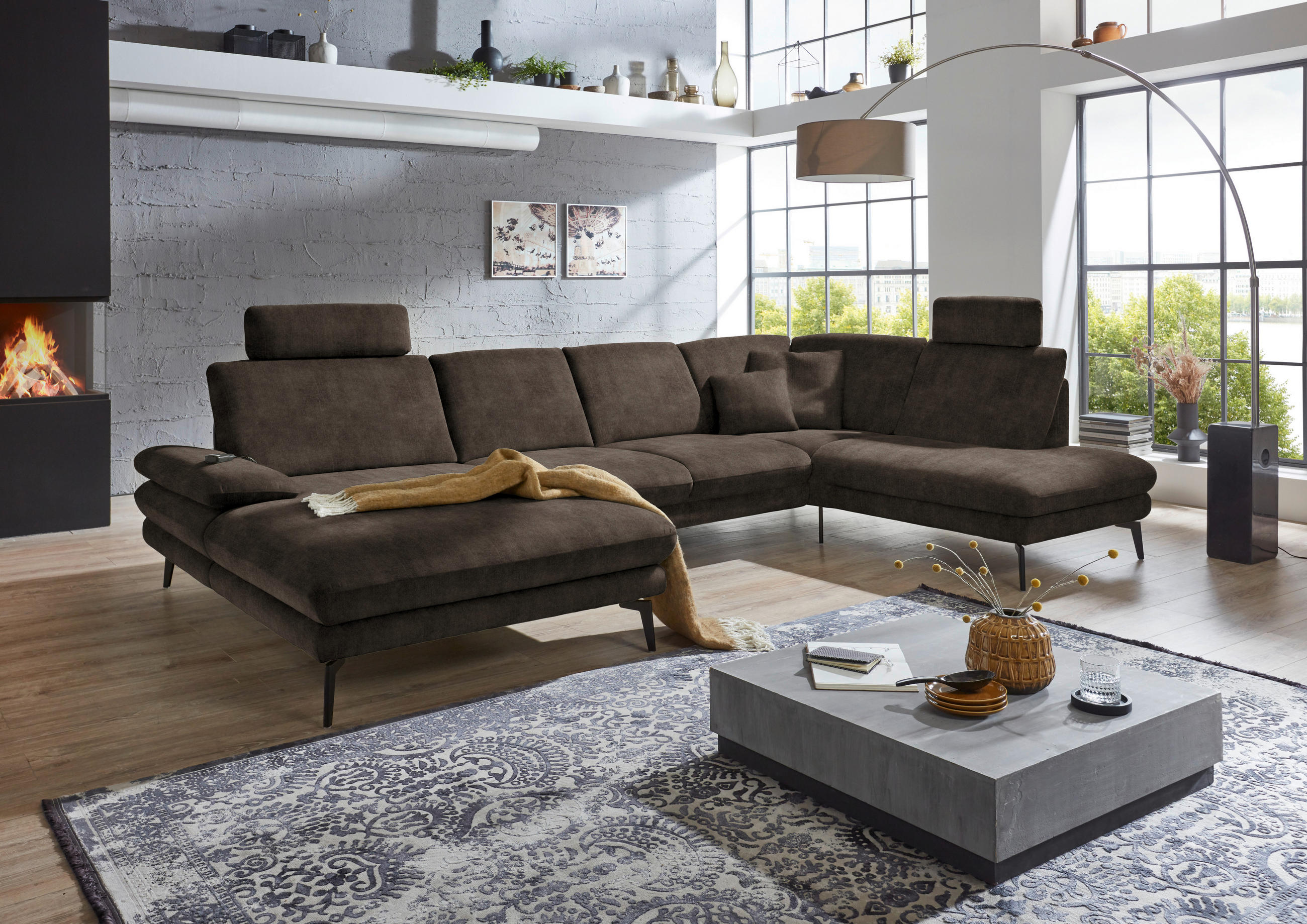 WOHNLANDSCHAFT in Velours Dunkelbraun  - Dunkelbraun/Schwarz, Design, Textil/Metall (180/344/208cm) - Dieter Knoll