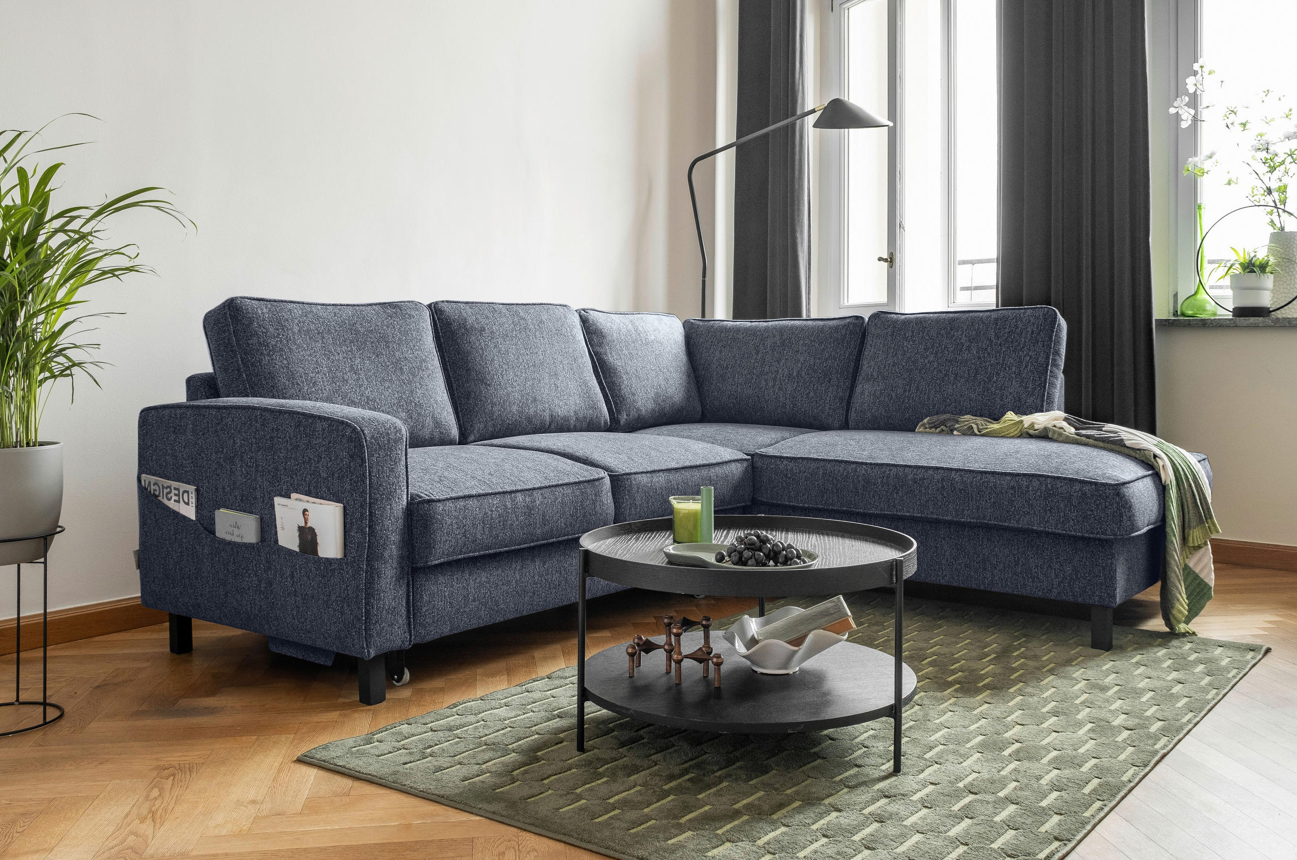 ECKSOFA in Struktur Dunkelblau  - Schwarz/Dunkelblau, Holz/Textil (233/198cm) - MID.YOU
