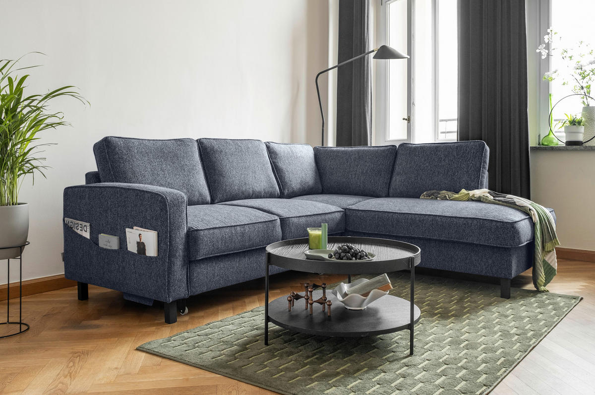 ECKSOFA in Struktur Dunkelblau  - Schwarz/Dunkelblau, Holz/Textil (233/198cm) - MID.YOU