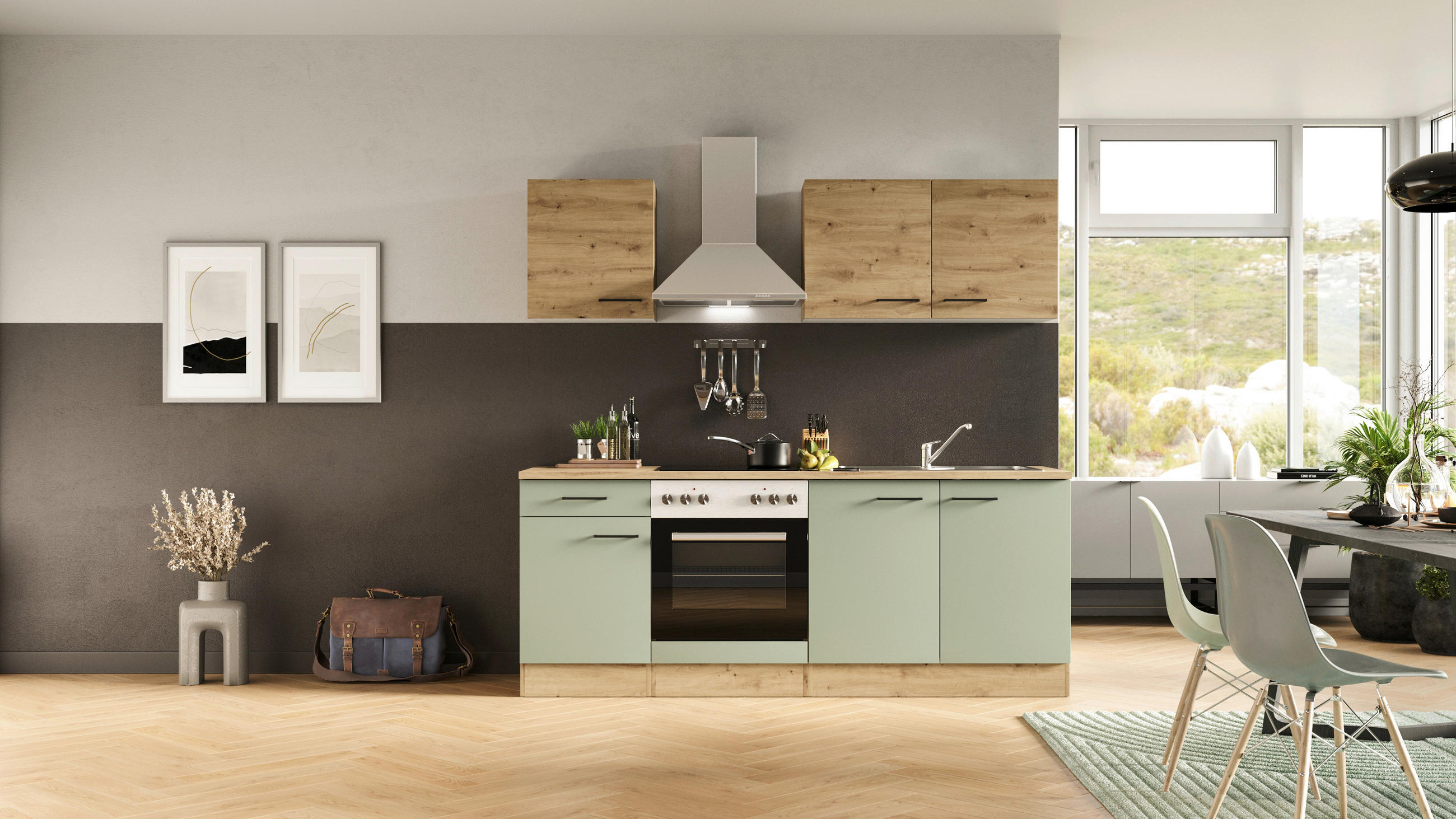 FlexWell Küchenblock Eiche Artisan, Schilfgrün 210 cm