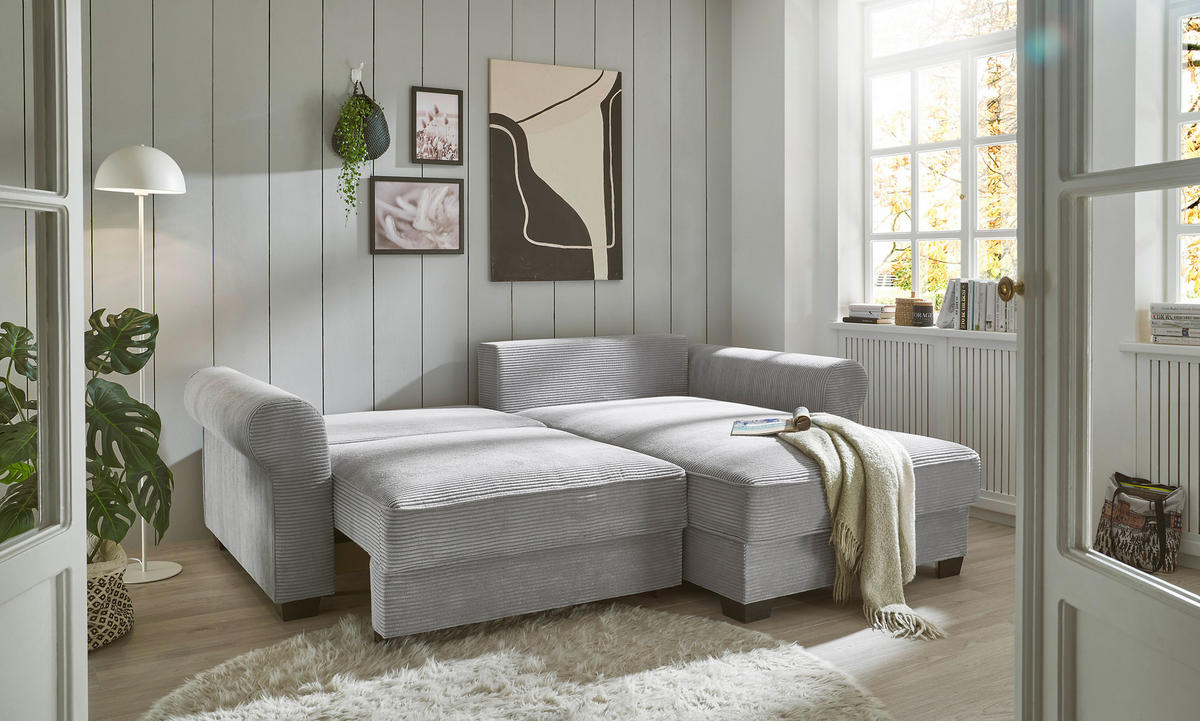 ECKSOFA in Cord Hellgrau  - Hellgrau/Schwarz, Konventionell, Kunststoff/Textil (255/185cm) - MID.YOU