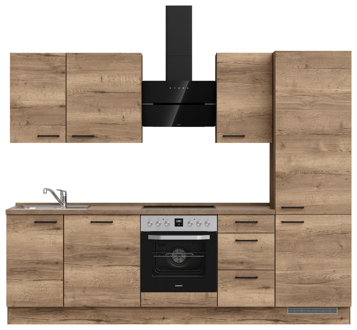 BUCĂTĂRIE FĂRĂ ELECTROCASNICE  - stejar închis la culoare/negru, Modern, metal/material pe bază de lemn (270cm) - Nobilia