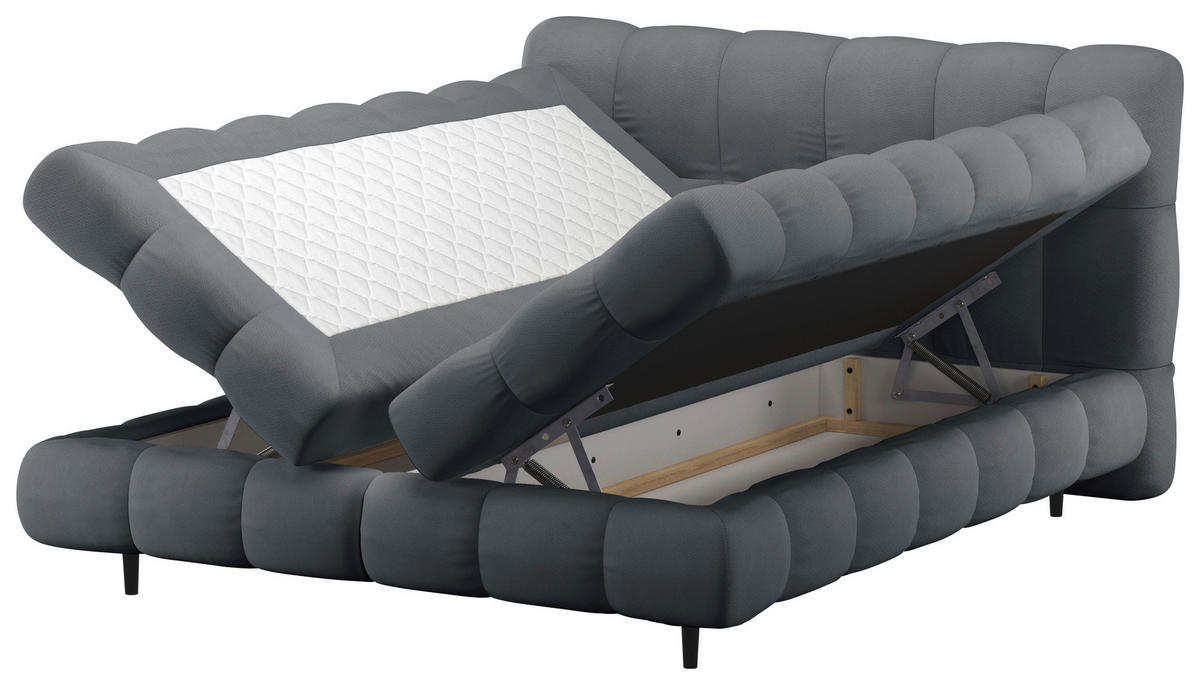 BOXBETT 200/200 cm,  in Anthrazit, gepolstertes Kopfteil, Bettkasten, Topper, H3 + H3 = fest  - Anthrazit/Schwarz, Design, Textil/Metall (200/200cm) - Ti'me