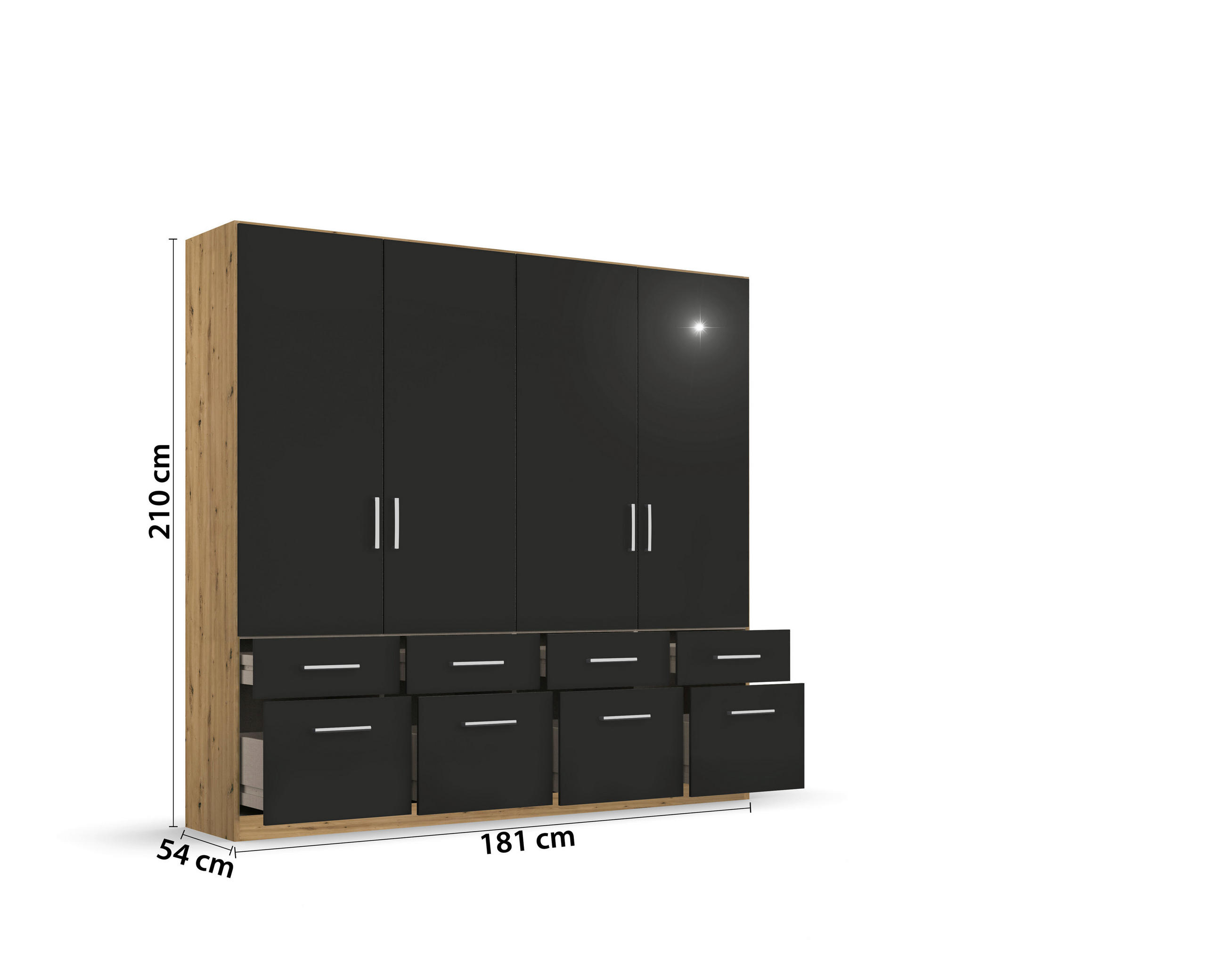 Thumbnail - Rauch Möbel Drehtürenschrank, Eiche Artisan, Grau, Kunststoff, 2 Fächer, 8 Schubladen, 181x210x54 cm, Made in Germany, B...