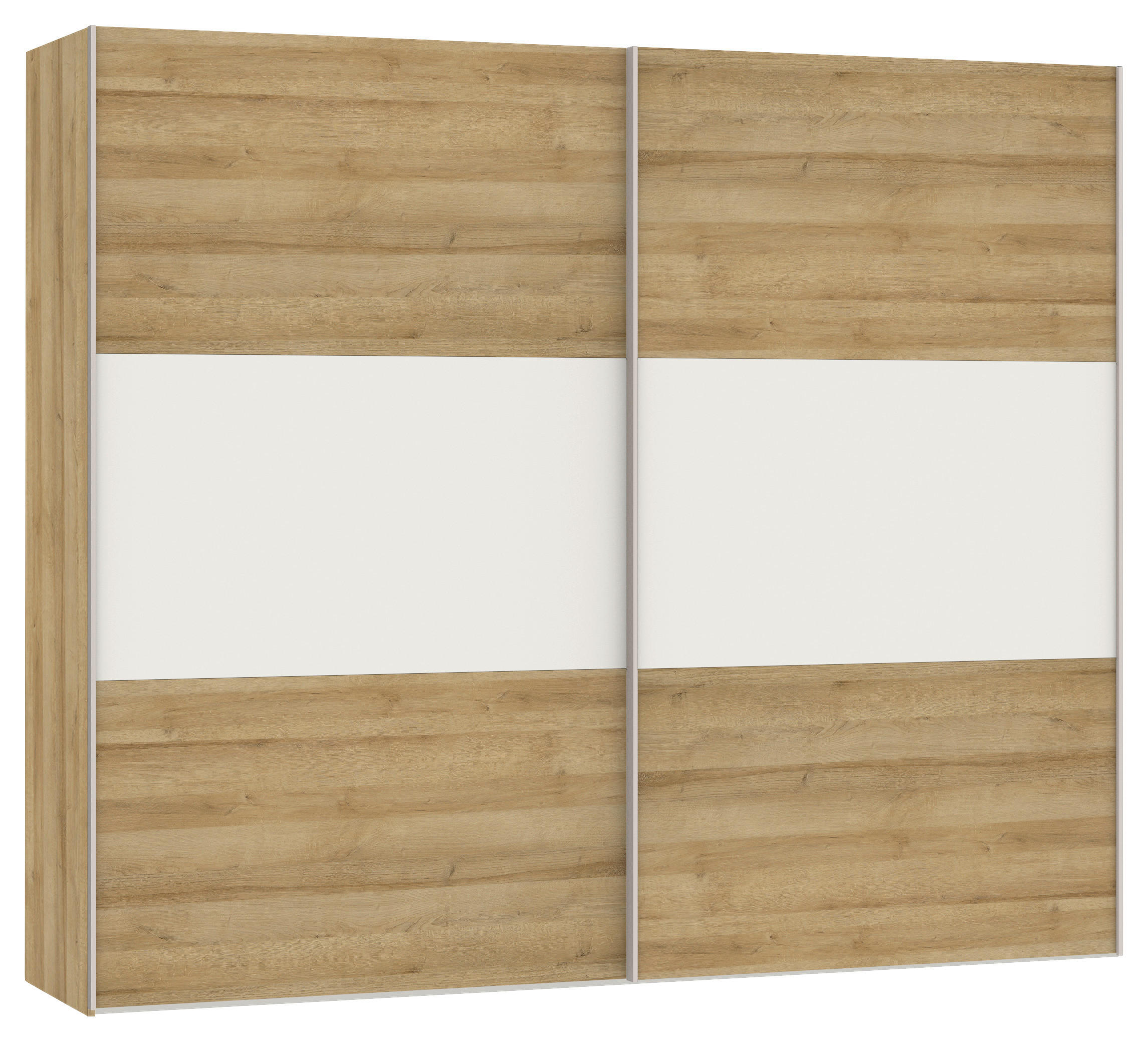 SCHWEBETÜRENSCHRANK  in Weiß, Eichefarben  - Edelstahlfarben/Eichefarben, Design, Glas/Holzwerkstoff (253/215/65cm) - Carryhome