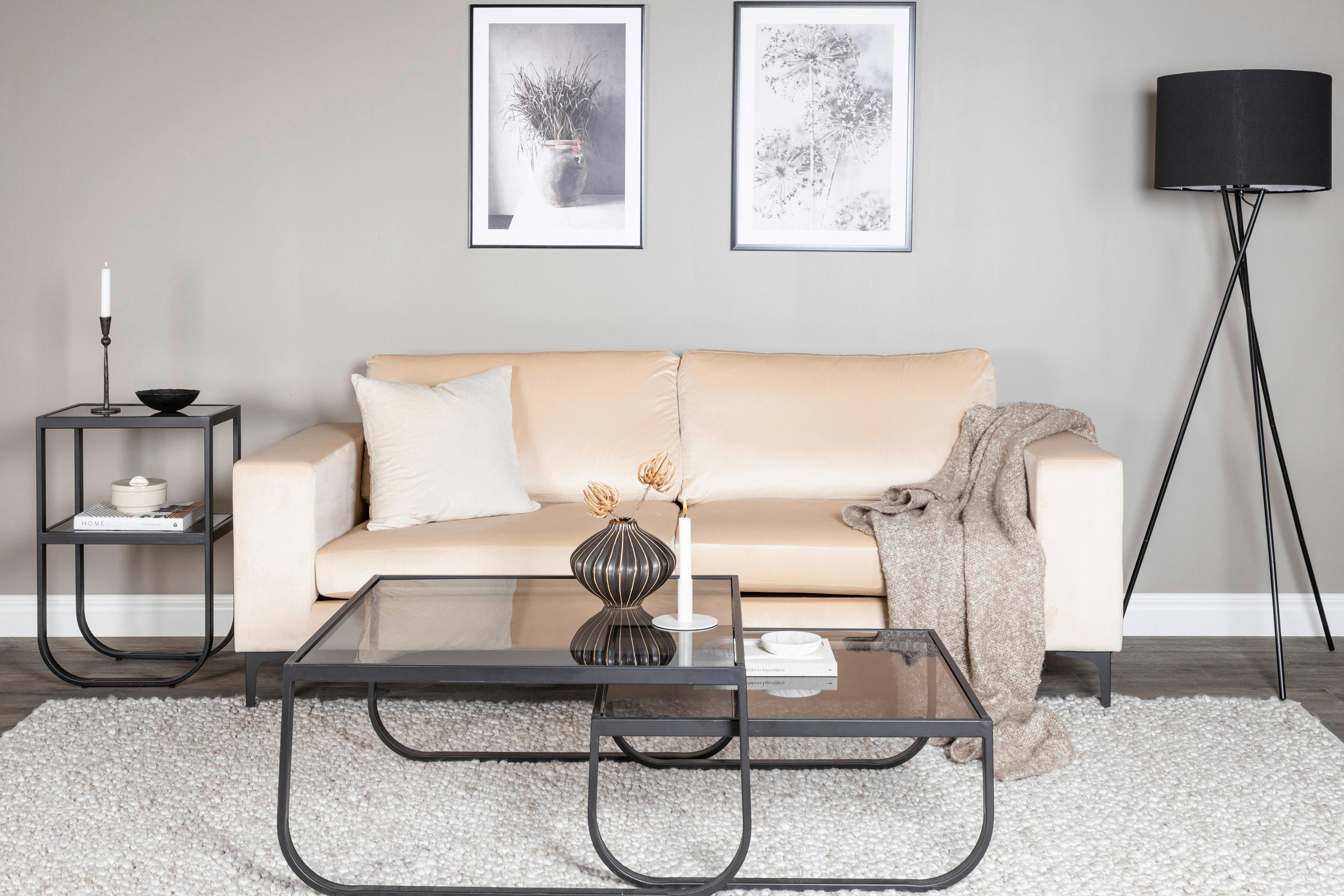 2-SITZER-SOFA Schwarz, Beige  - Beige/Schwarz, Design, Kunststoff/Textil (215/84/88cm) - Livetastic