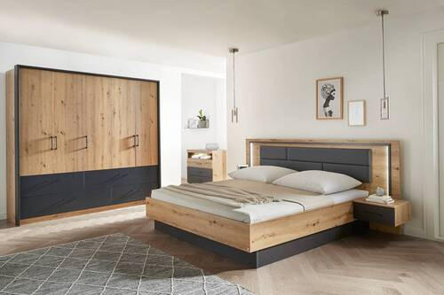 SET KREVETA I NOĆNIH ORMARIĆA   180/200 cm   siva, boje hrasta  - siva/boje hrasta, Design, drvni materijal/tekstil (180/200cm) - Rauch Möbel