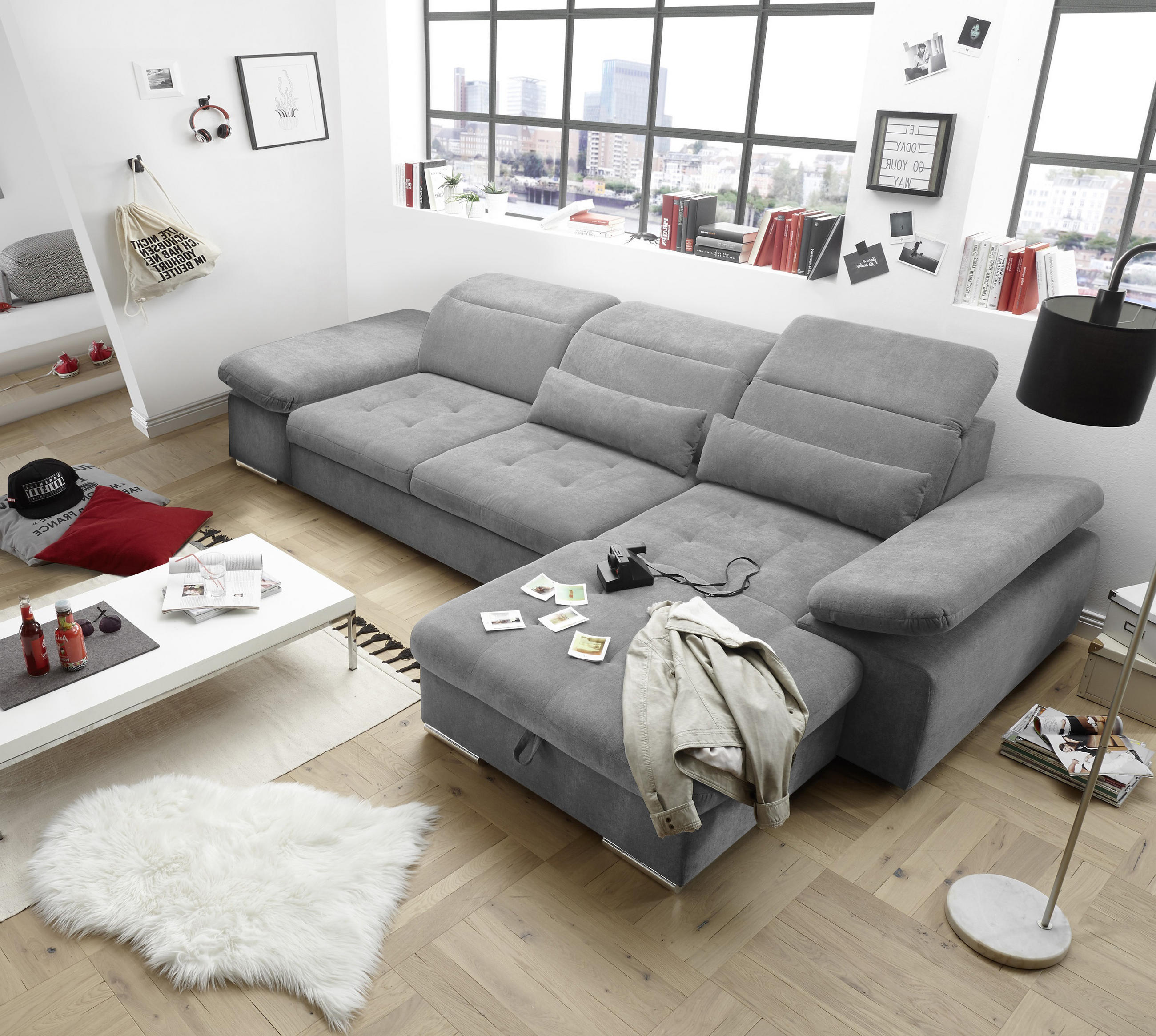 ECKSOFA Dunkelgrau Velours, Mikrofaser  - Dunkelgrau/Silberfarben, MODERN, Kunststoff/Textil (321/195cm) - MID.YOU