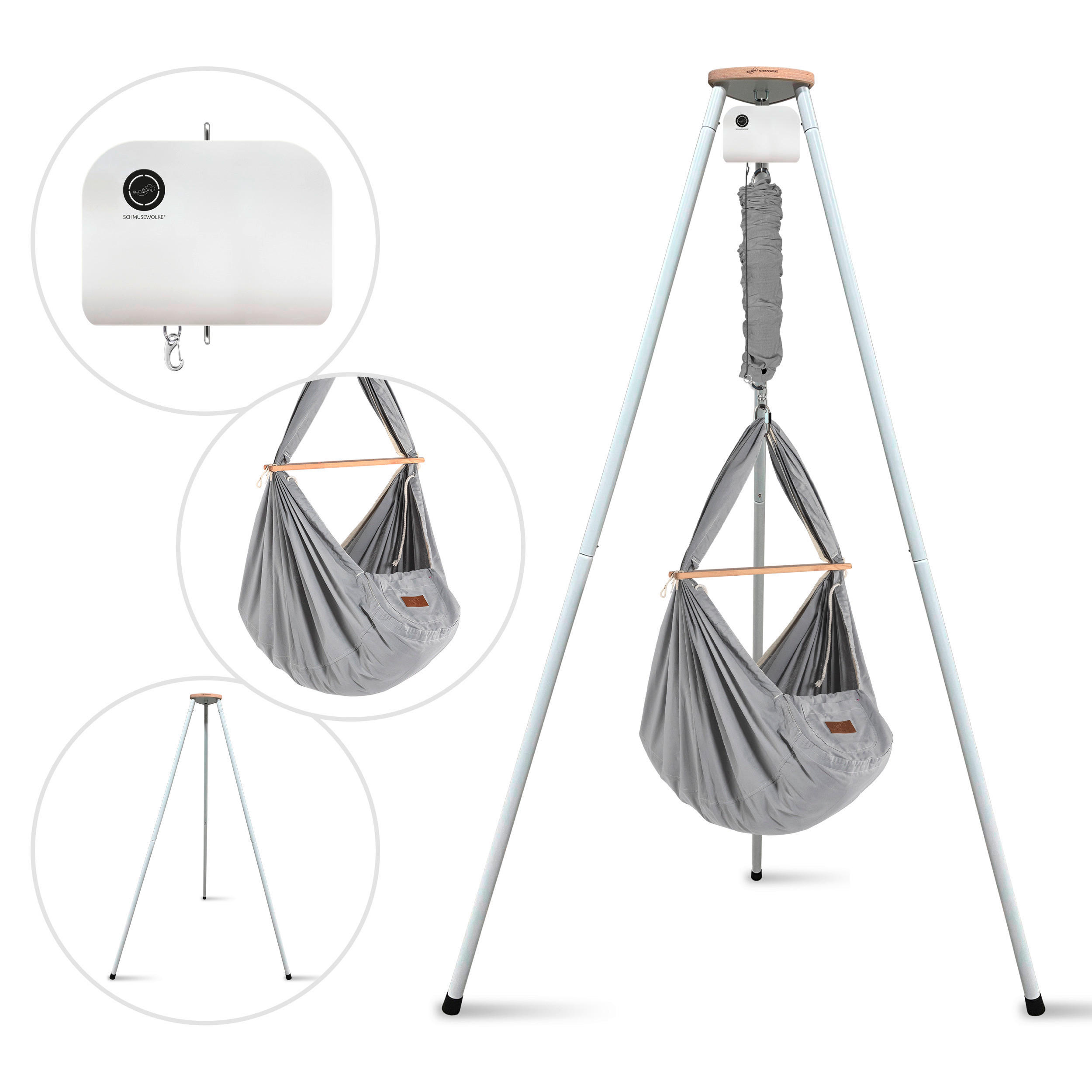 FEDERWIEGE Set inkl. Tipi-Gestell und Motor  Weiß, Grau  - Weiß/Grau, Basics, Kunststoff/Textil (135/194/135cm) - SCHMUSEWOLKE
