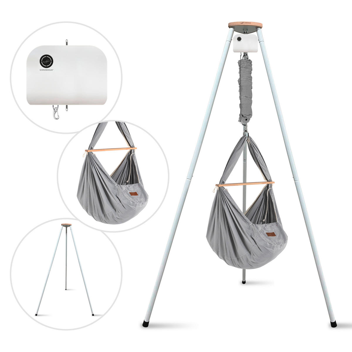 FEDERWIEGE Set inkl. Tipi-Gestell und Motor  Weiß, Grau  - Weiß/Grau, Basics, Kunststoff/Textil (135/194/135cm) - SCHMUSEWOLKE