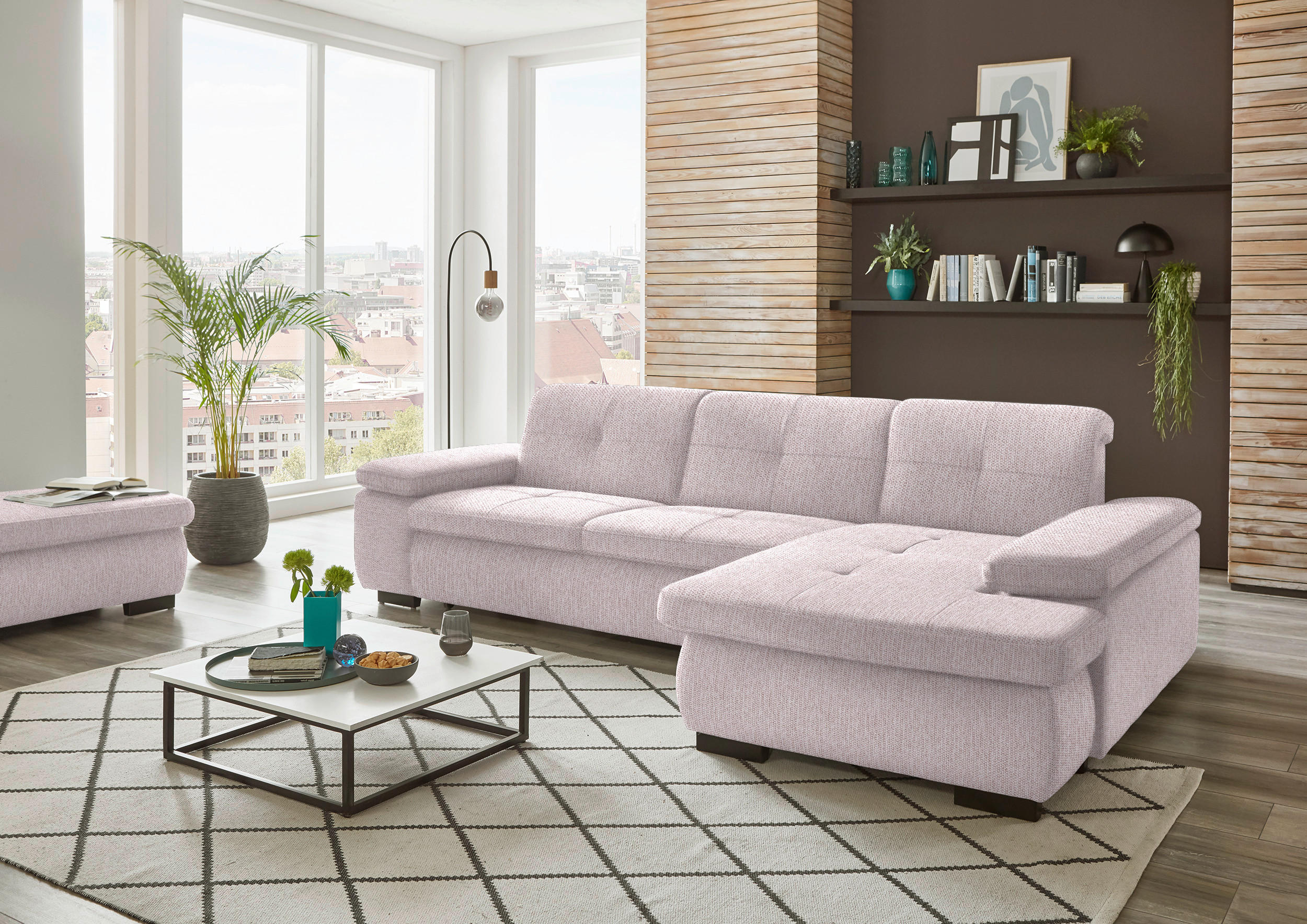 ECKSOFA in Flachgewebe Hellrosa  - Hellrosa/Schwarz, Design, Textil/Metall (297/174cm) - Beldomo Style
