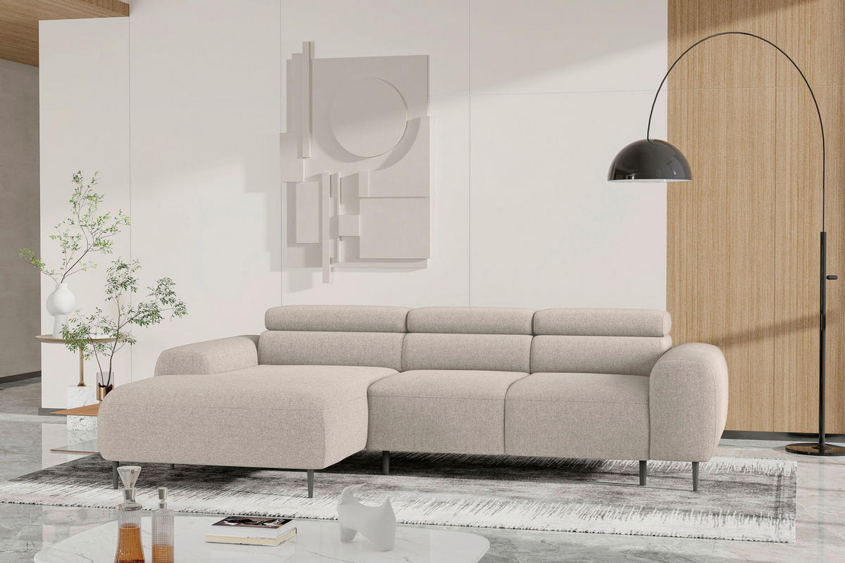 ECKSOFA Beige Struktur Rücken echt, Kopfteilverstellung, Sitztiefenverstellung  - Beige/Schwarz, MODERN, Textil/Metall (179/274cm) - Welnova
