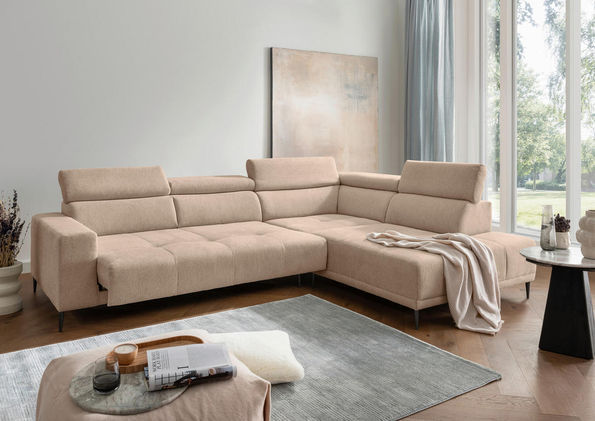 ECKSOFA INTERA Hellbraun Struktur Kopfteilverstellung, Sitzvorzug  - Hellbraun/Schwarz, KONVENTIONELL, Textil/Metall (305/225cm) - Livetastic