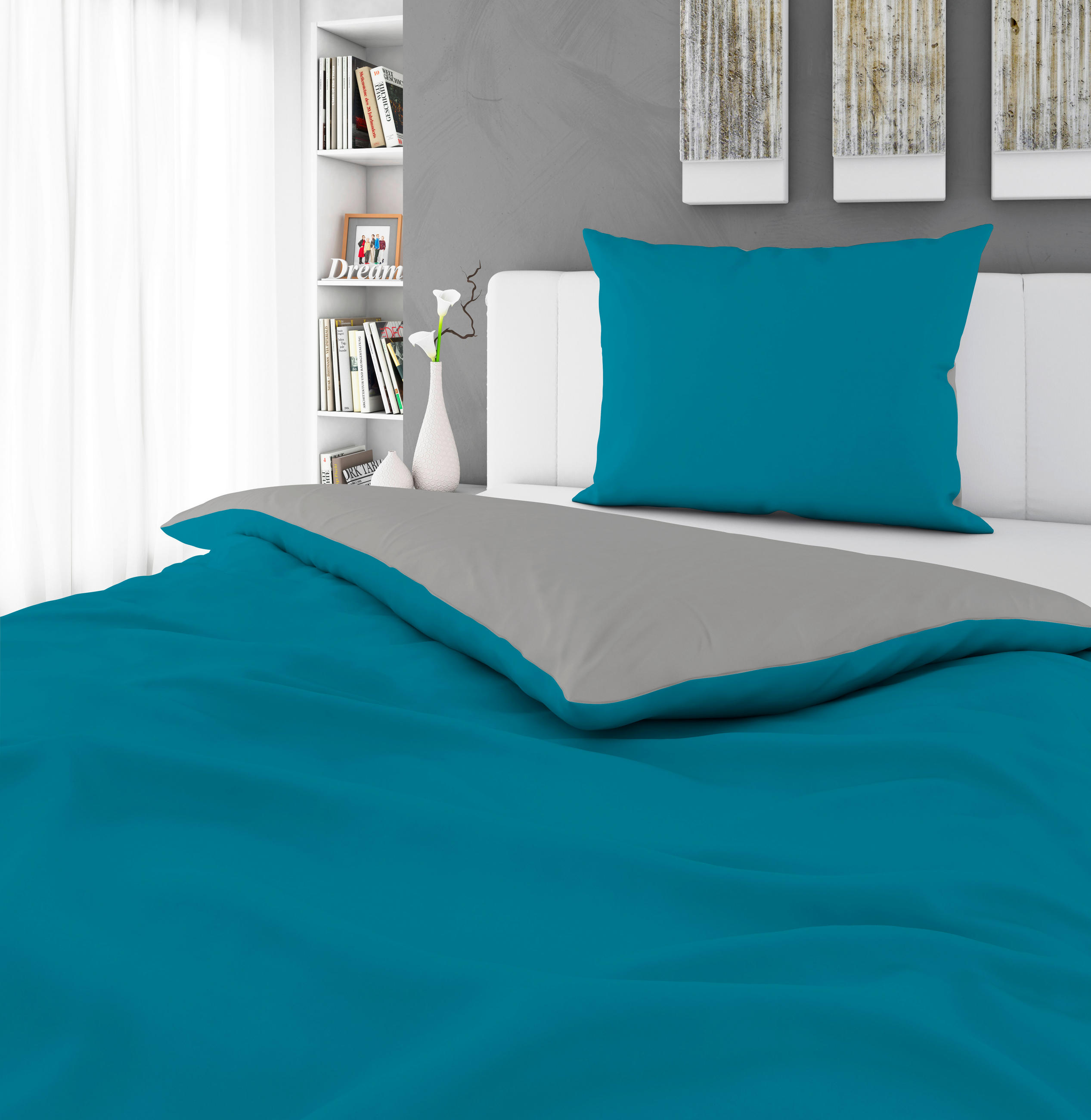 OBOJSTRANNÁ POSTEĽNÁ BIELIZEŇ, satén, modrá, sivá, 140/220 cm - modrá/sivá, Basics, textil (140/220cm) - Novel