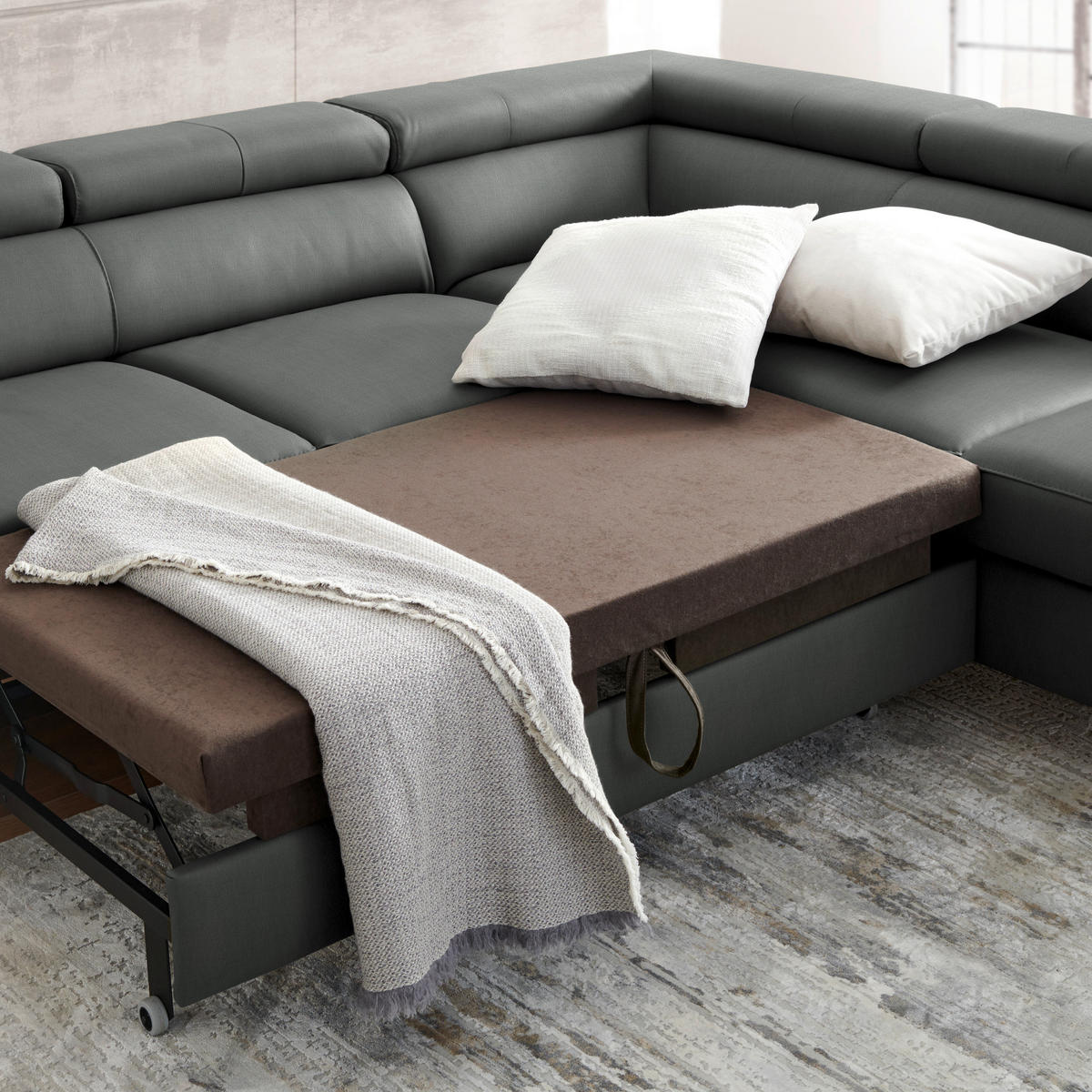 ECKSOFA in Echtleder Anthrazit  - Anthrazit/Schwarz, Design, Leder/Metall (256/220cm) - Celina Home