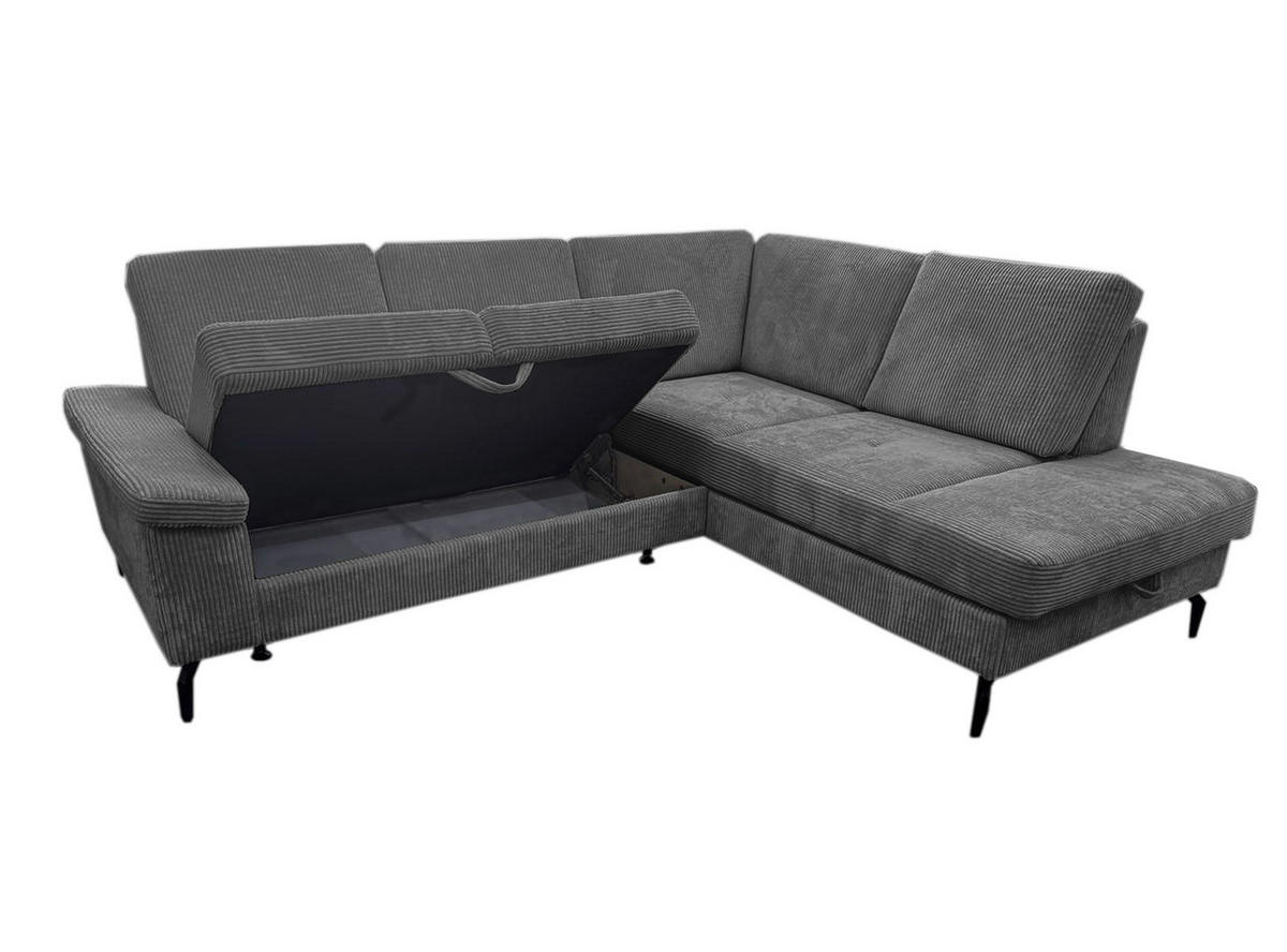 ECKSOFA Anthrazit Velours Bettkasten, Sitzvorzug  - Anthrazit/Schwarz, KONVENTIONELL, Textil/Metall (253/206cm) - Venda