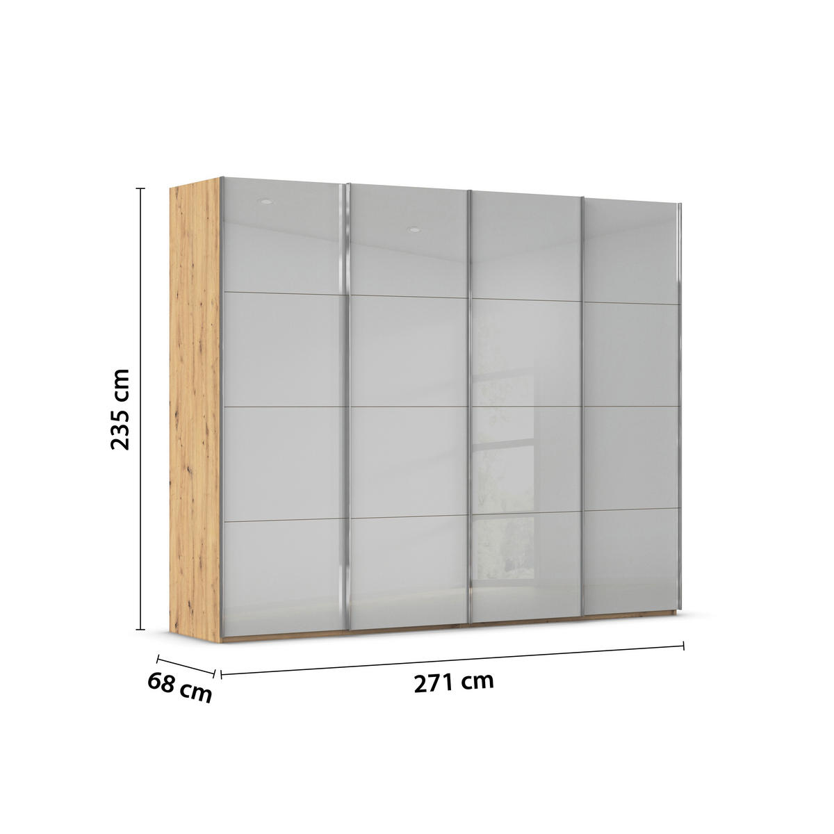 SCHWEBETÜRENSCHRANK 271/235/68 cm 4-türig Grau, Eiche Artisan  - Chromfarben/Eiche Artisan, Design, Glas/Holzwerkstoff (271/235/68cm) - Novel