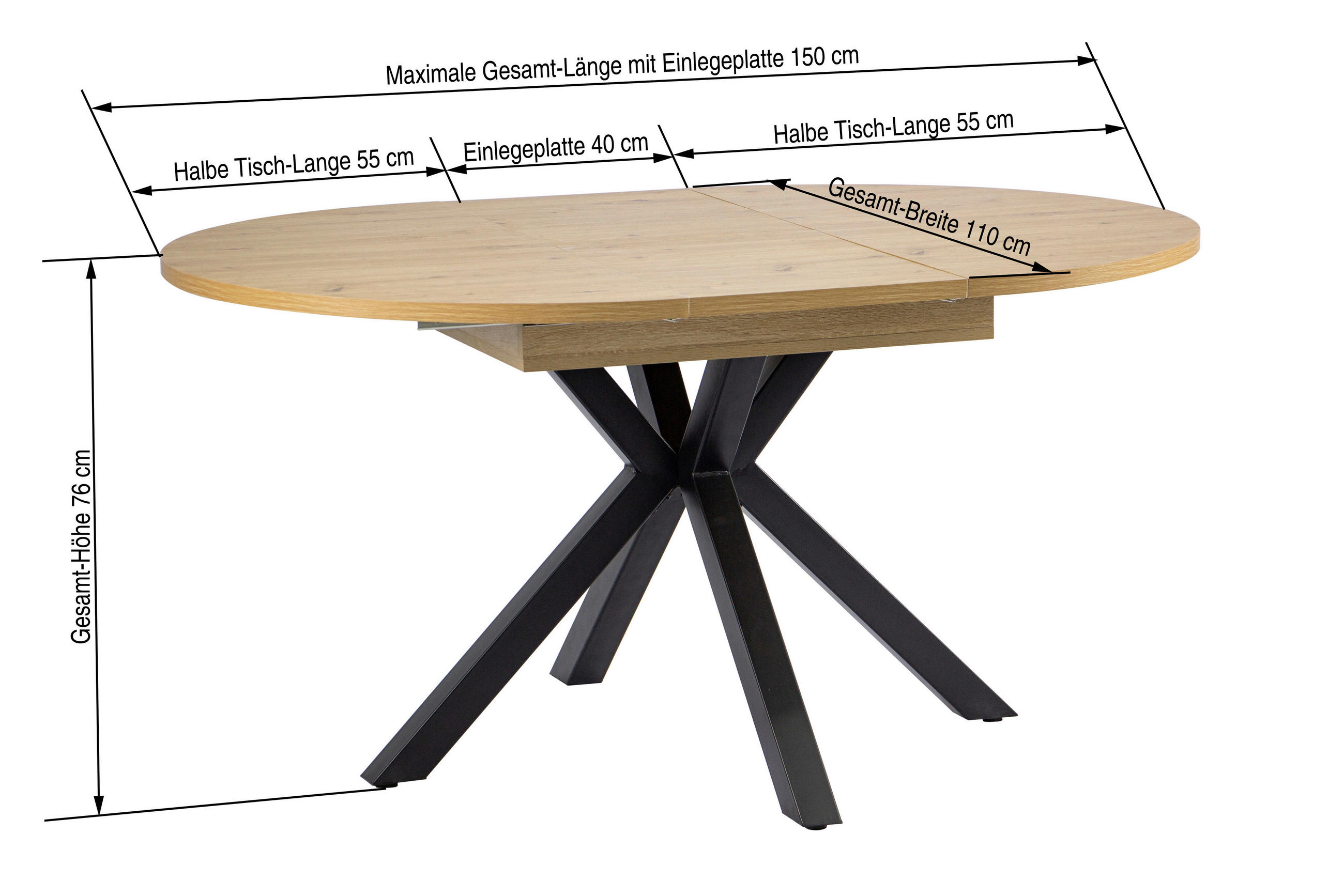 AUSZIEHTISCH Schwarz, Eiche Artisan rund  ausziehbar  - Schwarz/Eiche Artisan, KONVENTIONELL, Holzwerkstoff/Metall (110-150/76/110cm) - MID.YOU