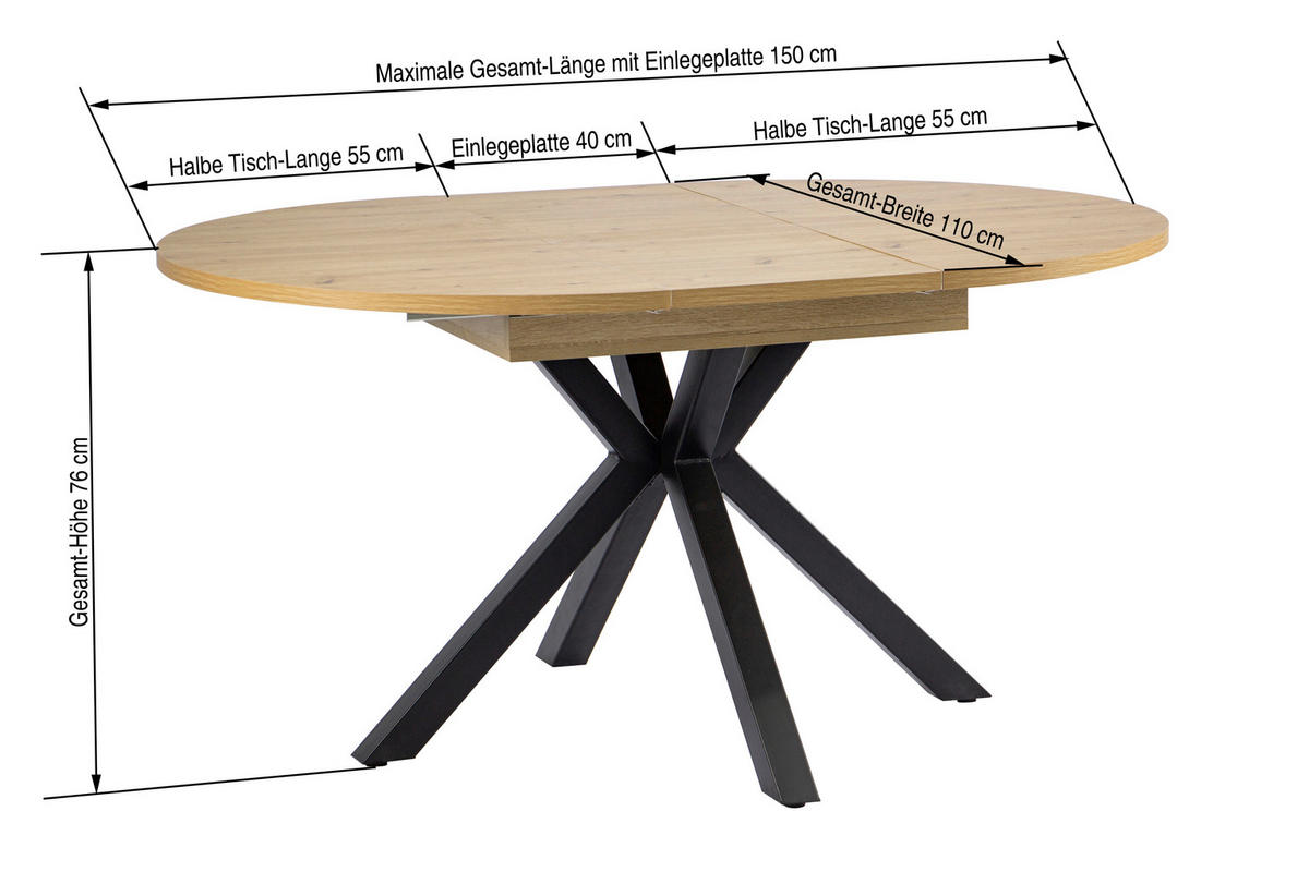 AUSZIEHTISCH Eiche Artisan, Schwarz rund  ausziehbar  - Schwarz/Eiche Artisan, KONVENTIONELL, Holzwerkstoff/Metall (110-150/76/110cm) - MID.YOU