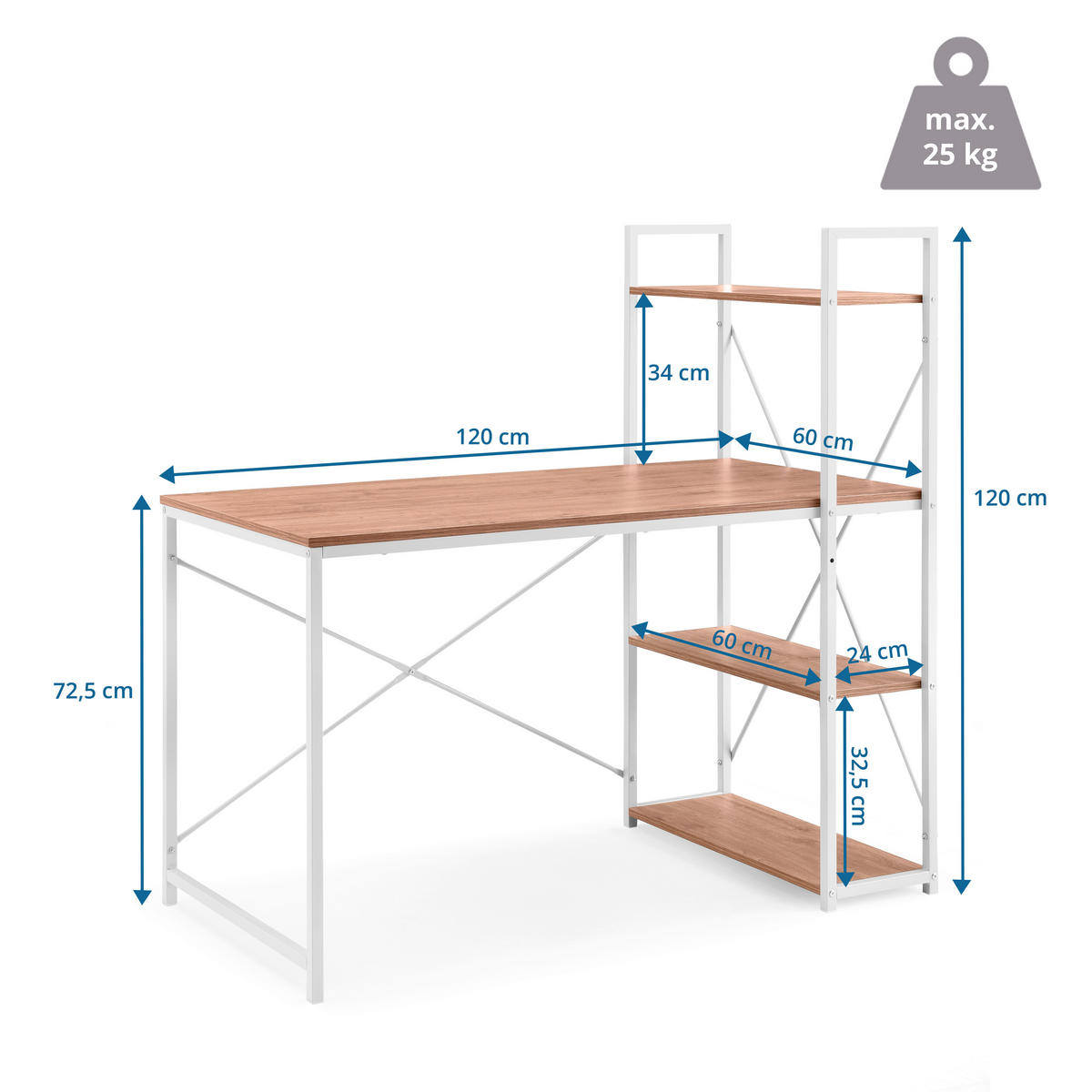 COMPUTERTISCH 120/60/72,5 cm  in Weiß, Eichefarben  - Eichefarben/Weiß, MODERN, Holz/Metall (120/60/72,5cm) - MID.YOU
