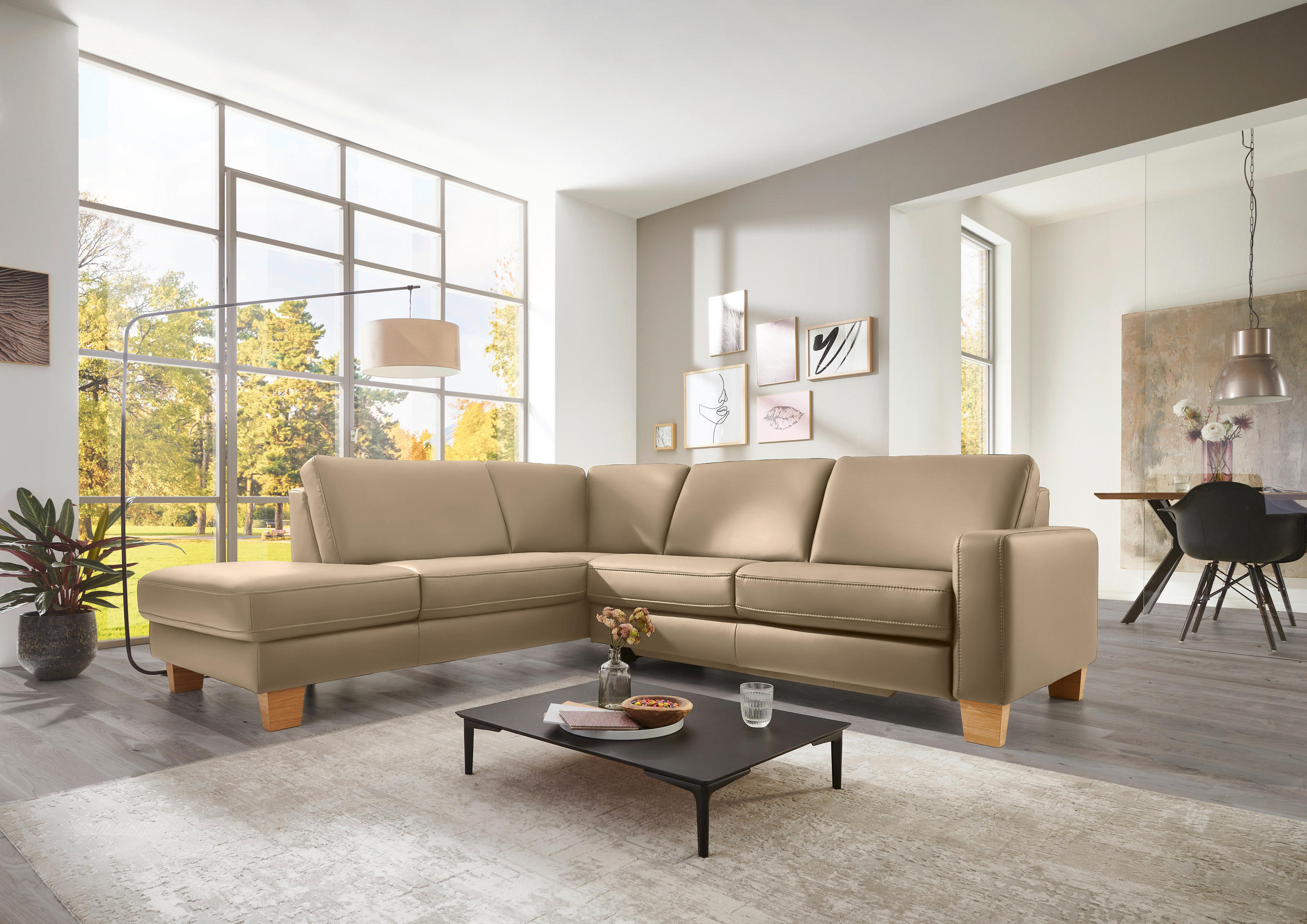 ECKSOFA in Echtleder Greige  - Eiche Bianco/Greige, Konventionell, Leder/Holz (235/257cm) - Valdera