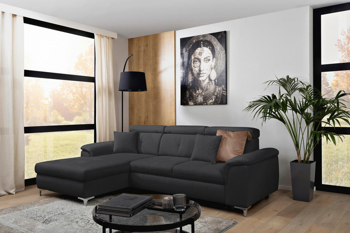 ECKSOFA in Flachgewebe Dunkelgrau  - Chromfarben/Dunkelgrau, Konventionell, Textil/Metall (175/268cm) - Carryhome