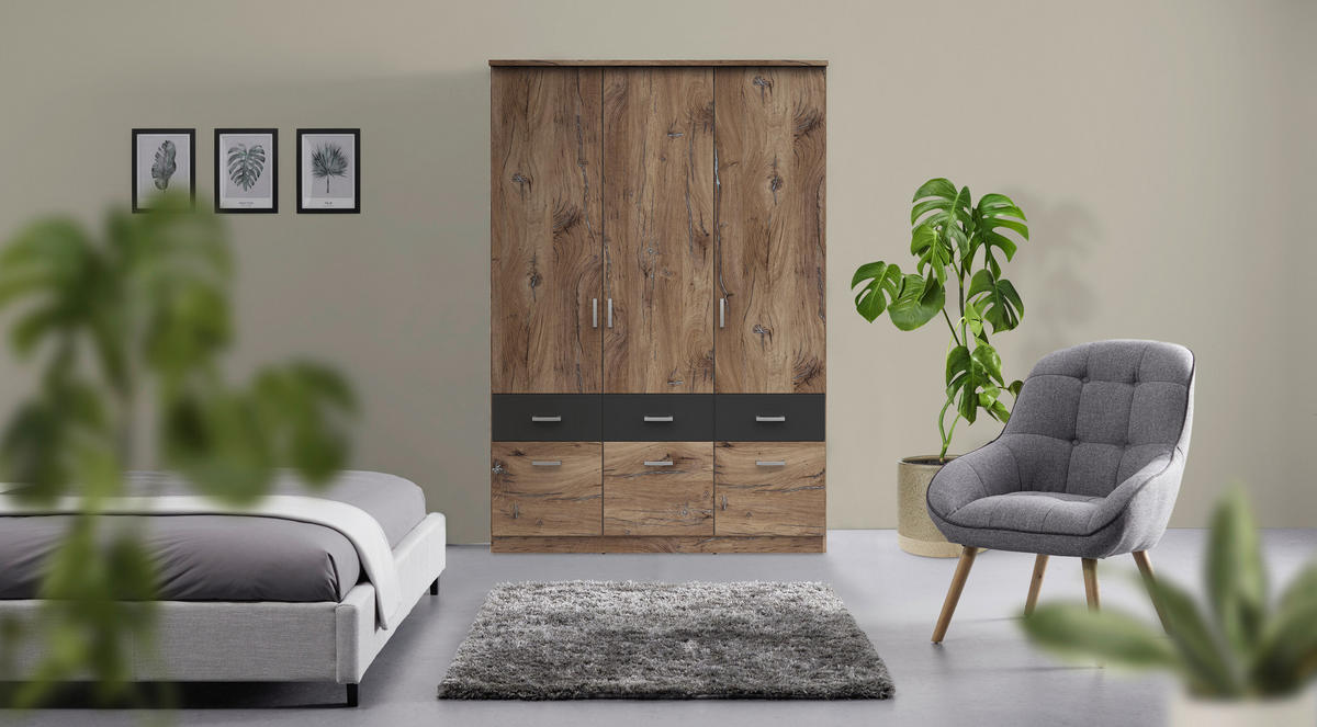 KLEIDERSCHRANK 136/199/58 cm 3-türig Graphitfarben, Eichefarben  - Eichefarben/Silberfarben, KONVENTIONELL, Holzwerkstoff/Kunststoff (136/199/58cm) - MID.YOU
