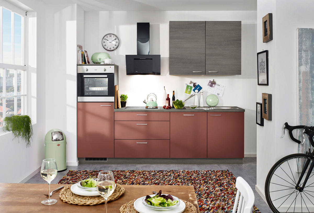 KÜCHENBLOCK 270 cm   in Rot, Eiche grau  - Eiche grau/Rot, KONVENTIONELL, Holzwerkstoff/Metall (270cm) - Welnova