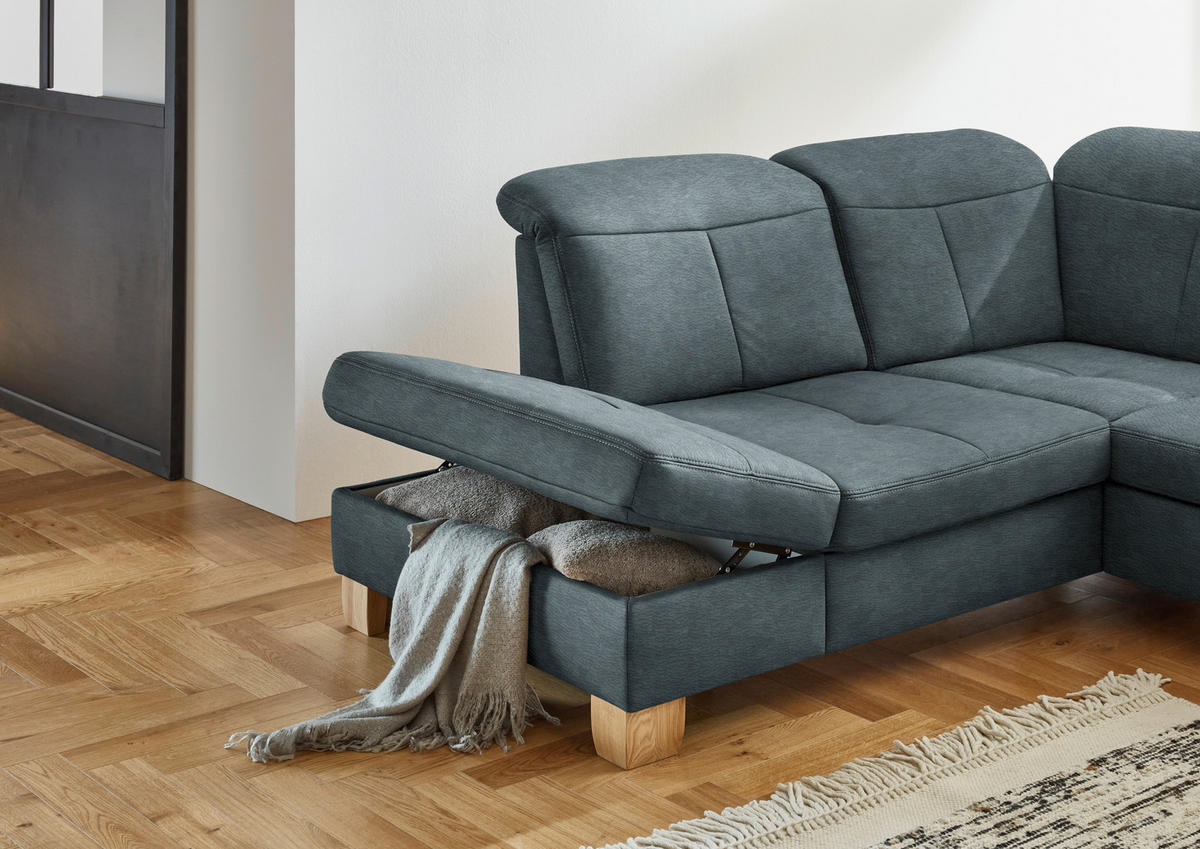 WOHNLANDSCHAFT Blau Mikrofaser  - Wildeiche/Blau, KONVENTIONELL, Holz/Textil (243/343/185cm) - Voleo