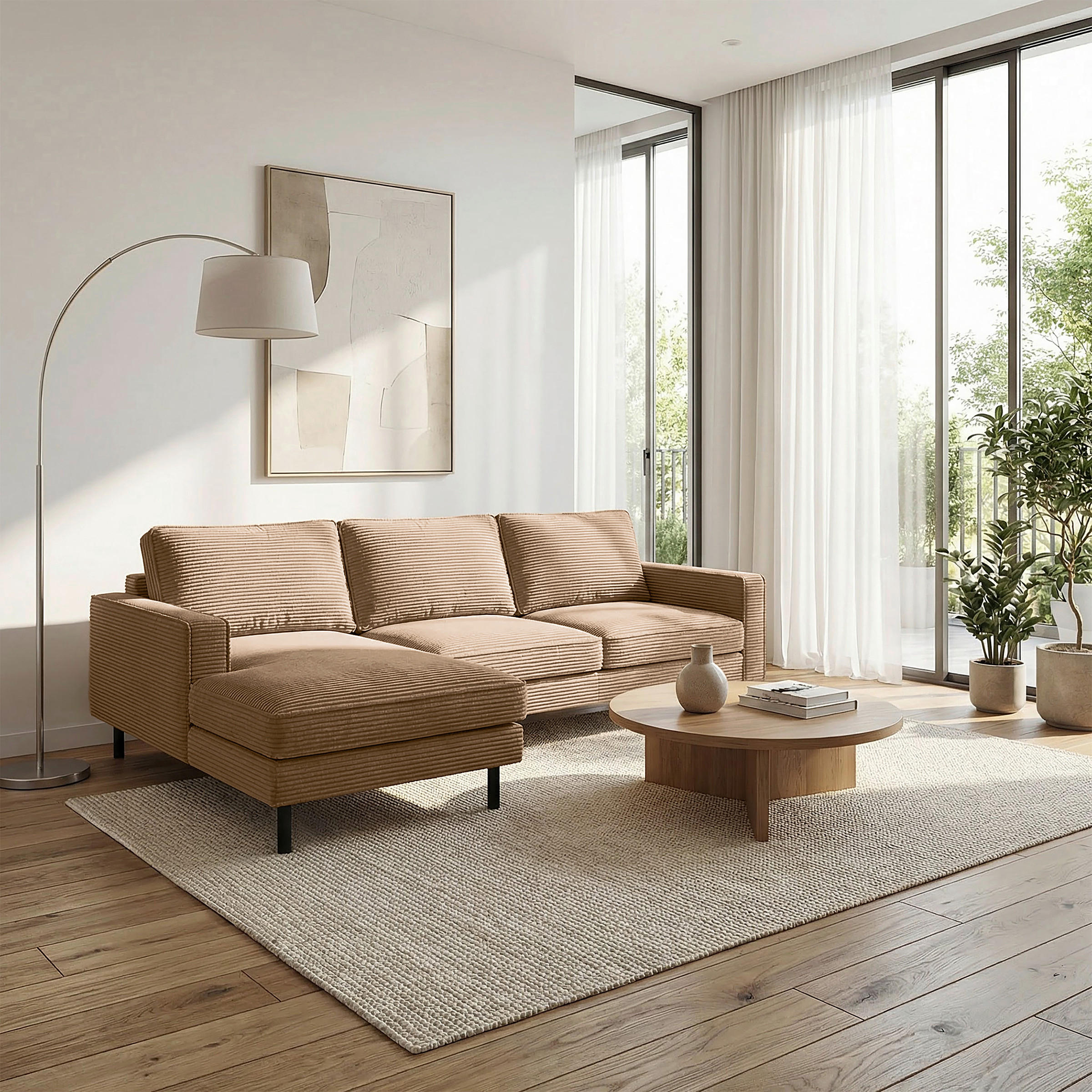 ECKSOFA Hellbraun Cord Rücken echt  - Hellbraun/Schwarz, Design, Textil/Metall (166/238cm) - Livetastic
