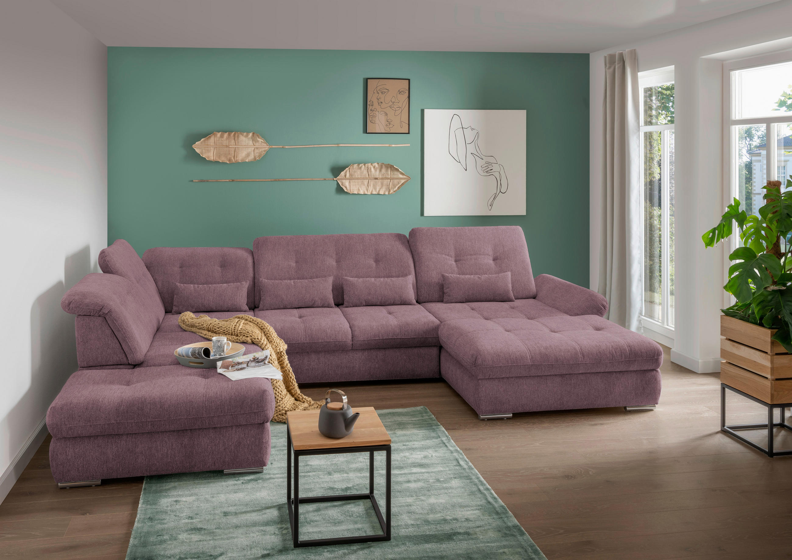 WOHNLANDSCHAFT in Chenille Brombeere - Chromfarben/Brombeere, Design, Textil/Metall (254/376/195cm) - Livetastic