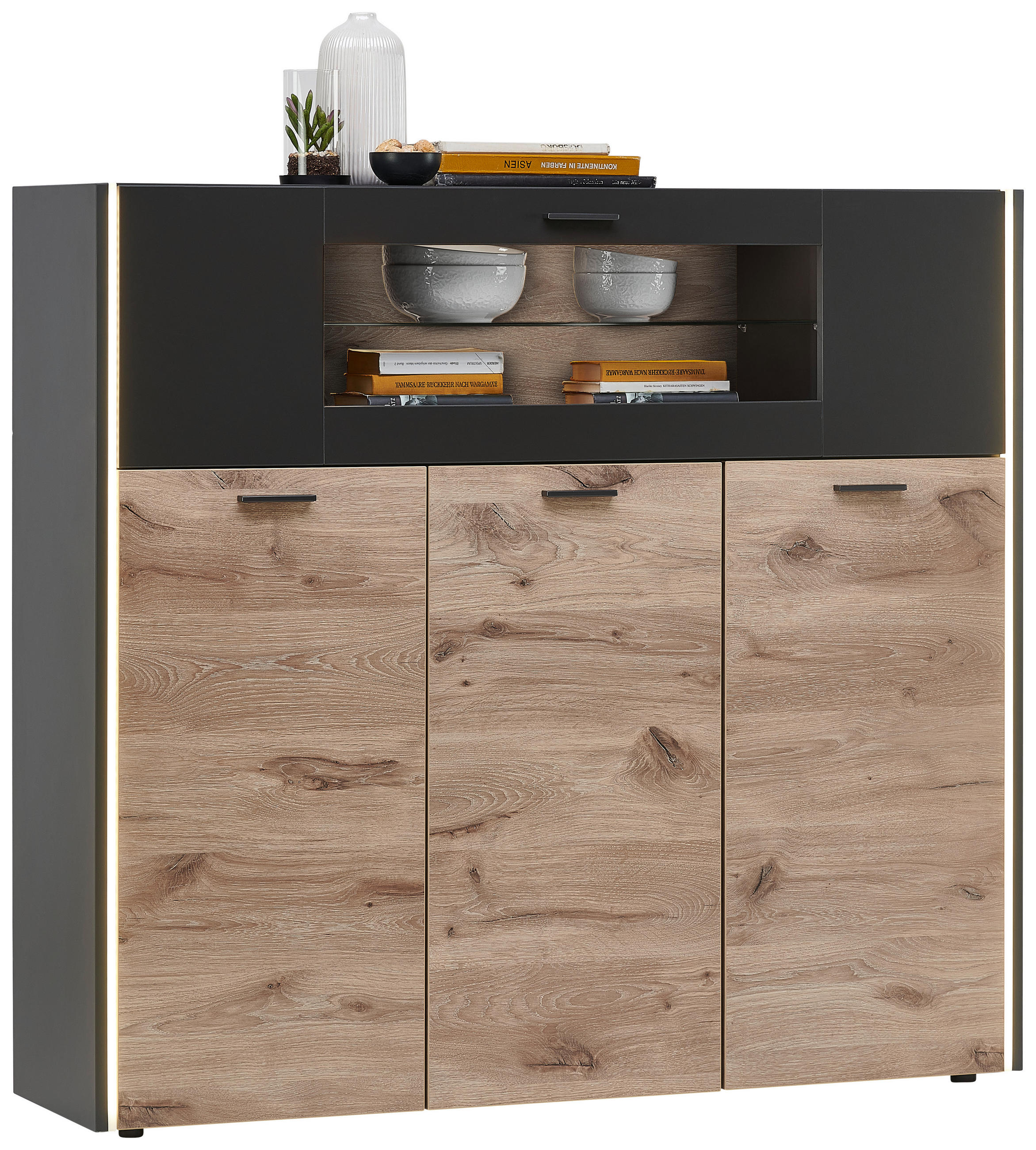 FÉLMAGAS SZEKRÉNY 141/126/37 cm  - tölgyfa színű/fekete, Modern, műanyag/faalapú anyag (141/126/37cm) - Hom`in