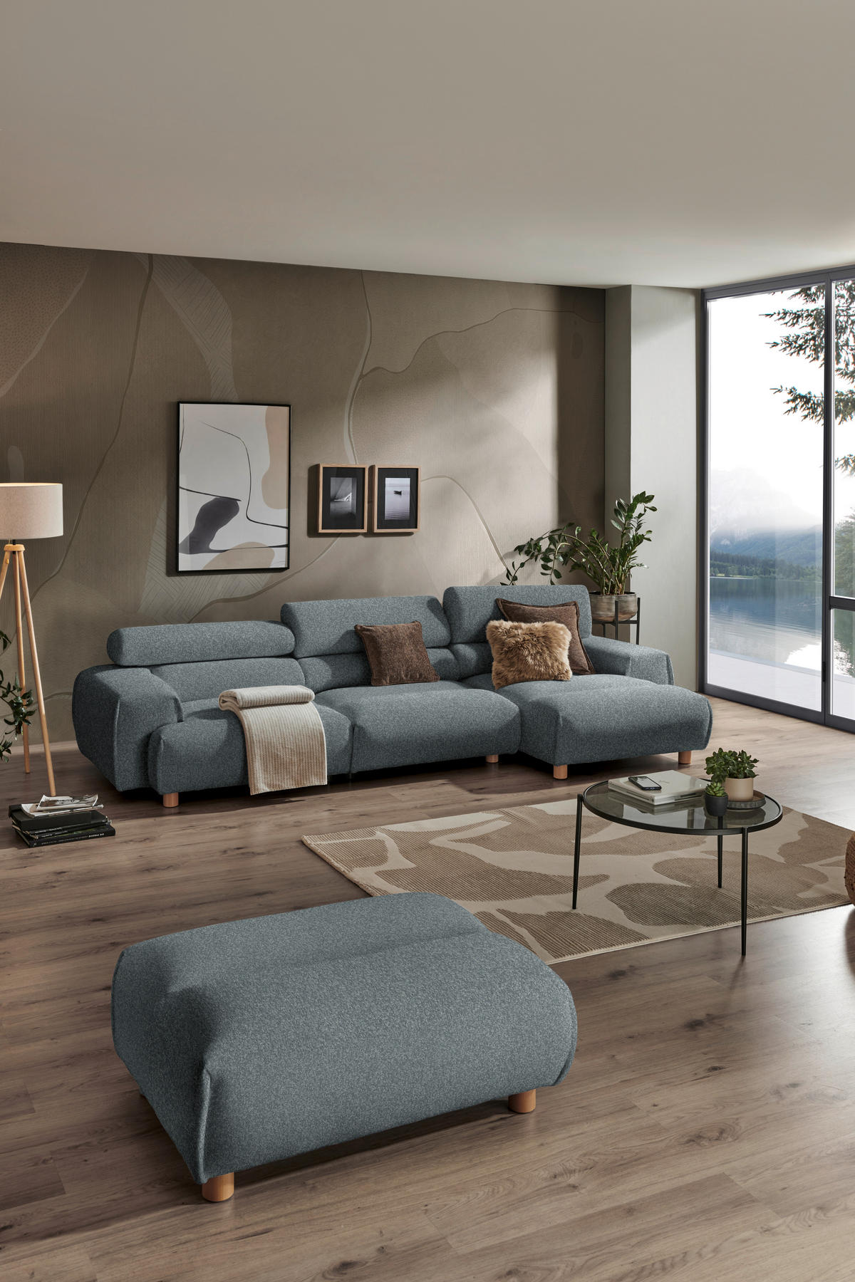 ECKSOFA in Velours Blaugrau  - Buchefarben/Blaugrau, Design, Holz/Textil (329/150cm) - Lomoco