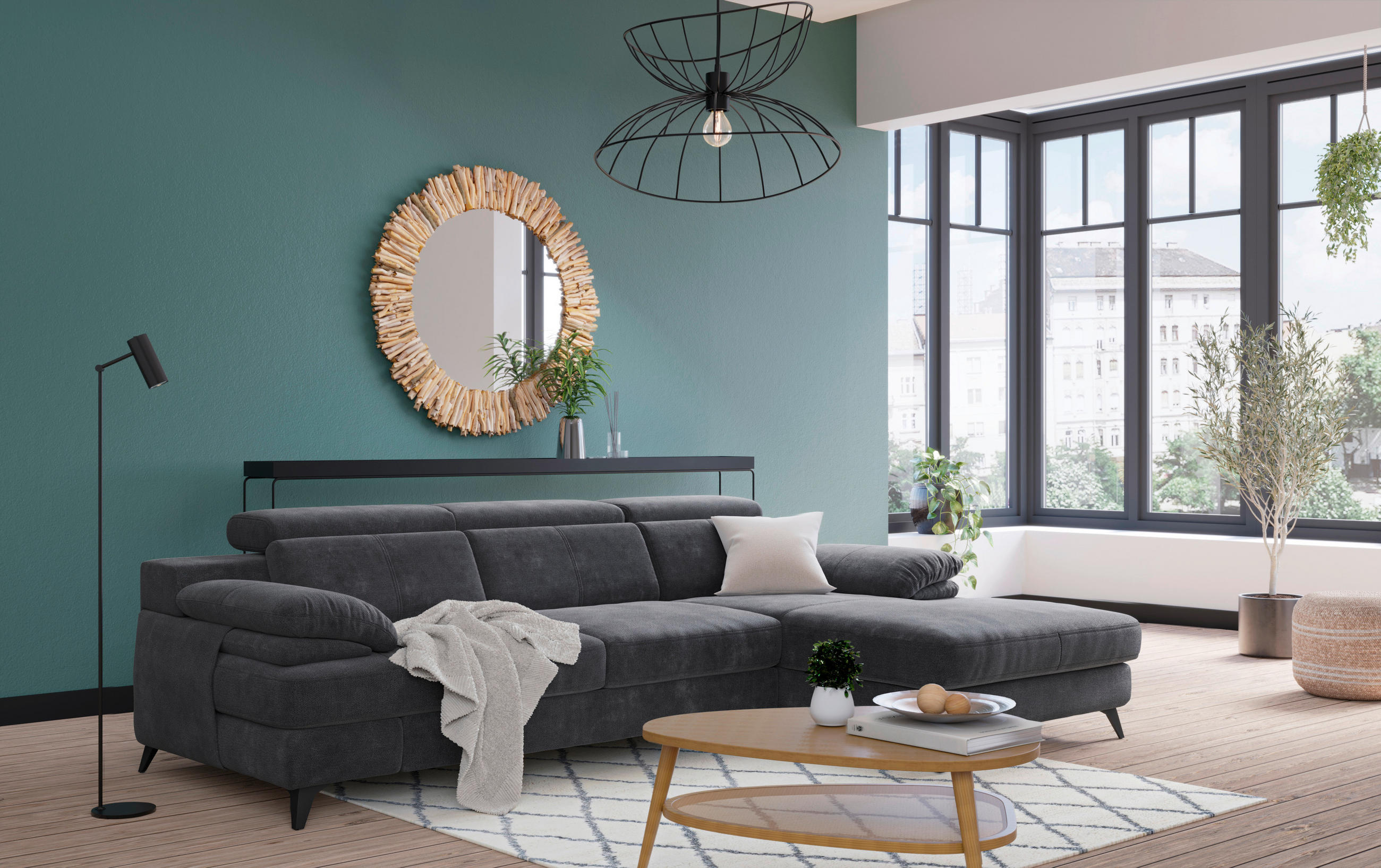 ECKSOFA in Chenille Dunkelgrau - Dunkelgrau/Schwarz, Design, Textil/Metall (291/80-98/178cm) - Livetastic